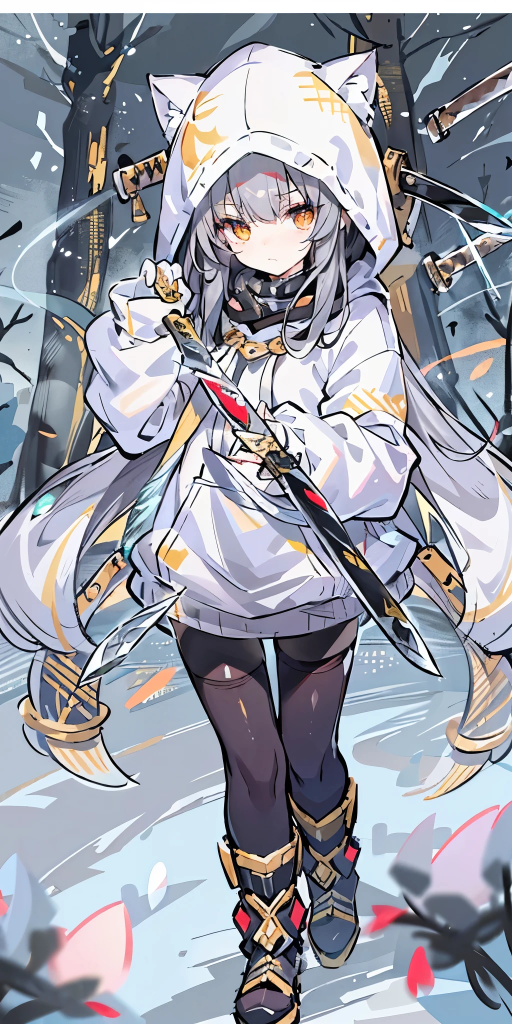 long hair、cute、white stockings、Heart-shaped pupils、solo、gray hair、winter、snow、outdoor、(((golden eyes)))、Ahoge、(((Black hoodie)))、head covering、With weapons、(((((battle)))))、 cold look、 Filmography、 ((((((knife))))))、 village、((((Show the whole body))))、
