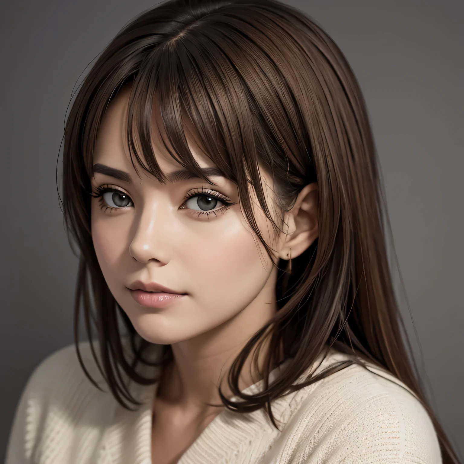 Highly detailed, depth of field, adult woman, brown hair, gray background