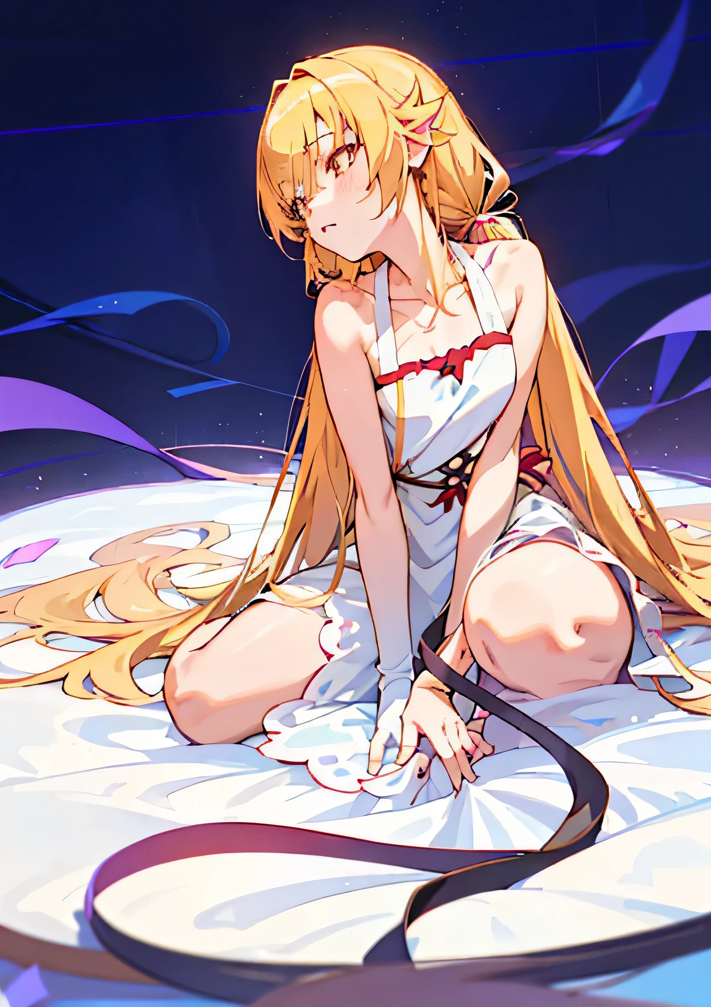 anime girl sitting on a white surface with a black cord, blonde anime girl with long hair, anime goddess, as yuuki,  wearing a dress, (anime girl), anime girl with long hair, zerochan art, twin tails, seductive anime girl, Asuna from SAO, Small curves , pixiv, digital anime art!!, beautiful anime girl