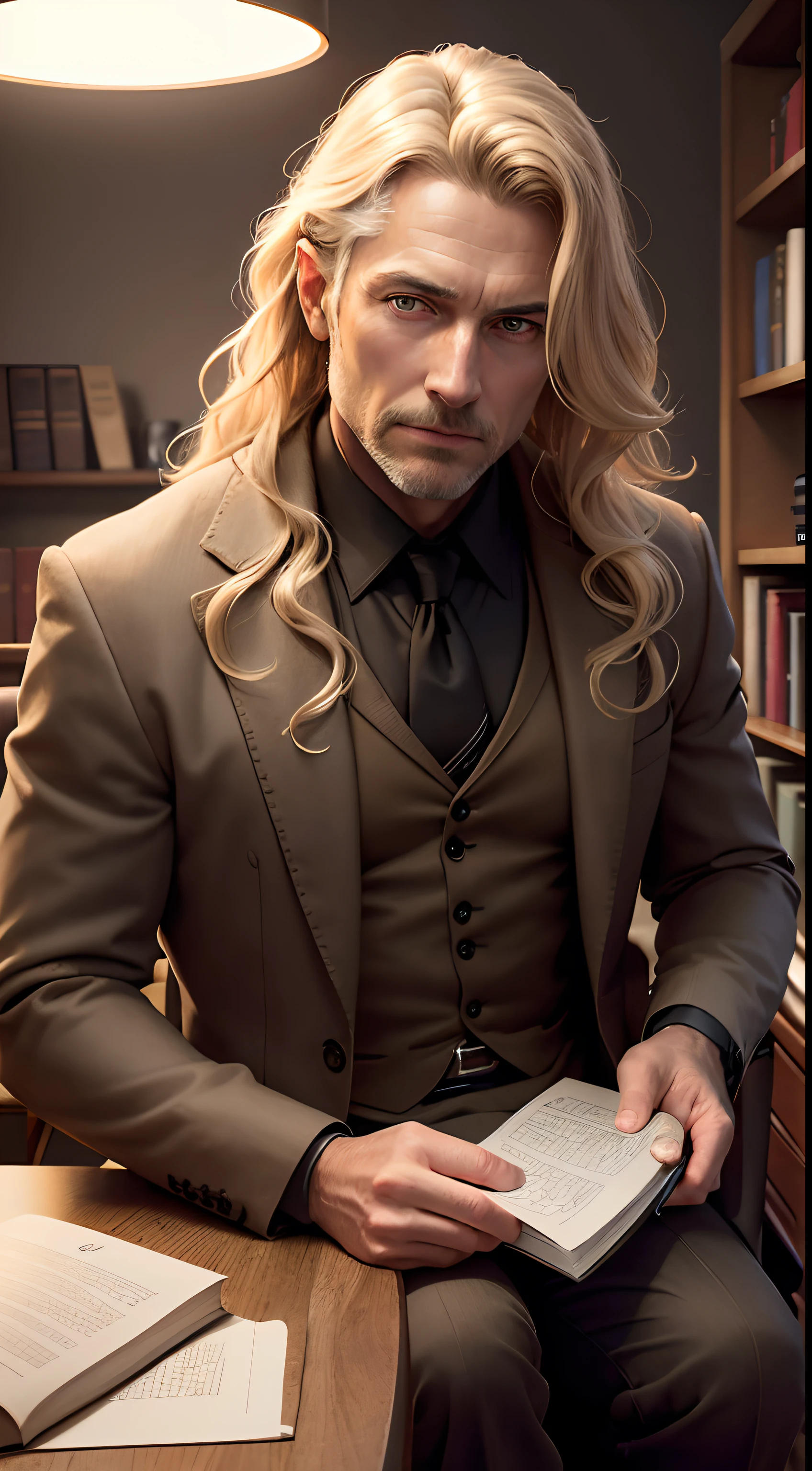 Foto de um homem de 45 anos, lindo cabelo loiro ((modelo)) Baron, Olhe para a frente e sente-se, olhos castanhos claros, cabelo ondulado, muito imponente, Safety and elegance features, ((Use Palito bons aliados)), (hypnotic), rosto muito detalhado, olhos lindos, [body fitness],Holding a book is clearly a Bible，Behind the bookshelf, kind,  (rembrandt lighting), lente zeiss, Ultra foto realsisim, (pele altamente detalhada: 1.2), 8K Ultra HD, SLR Digital, Dramatic Rim light, alta qualidade, Fujifilm XT3,