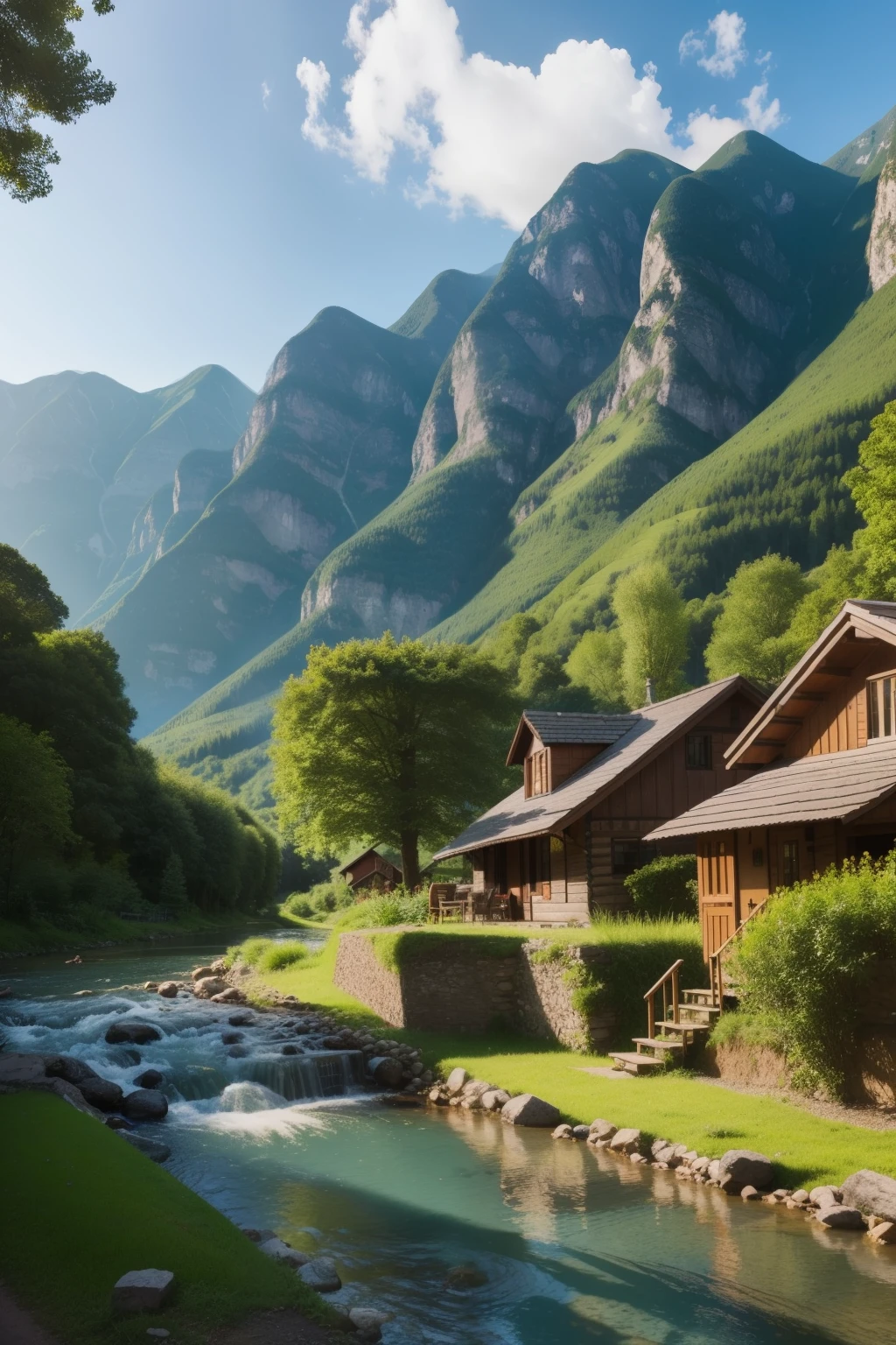 A serene small village nestled among the verdant green mountain range, with a small river meandering near its edge. The mountain peaks in the background tower majestically, casting long shadows over the quaint village huts. The tranquil river, with its crystal-clear water, gently flows past the village, reflecting the scenic Beauty of the surrounding mountains. The lush greenery, dappled with sunlight filtering through the trees, adds to the picturesque scene. The village comes alive with the sounds of birds chirping and water flowing, evoking a sense of peace and harmony. A perfect tableau of natural beauty and rural tranquility. (detailed textures of the mountains