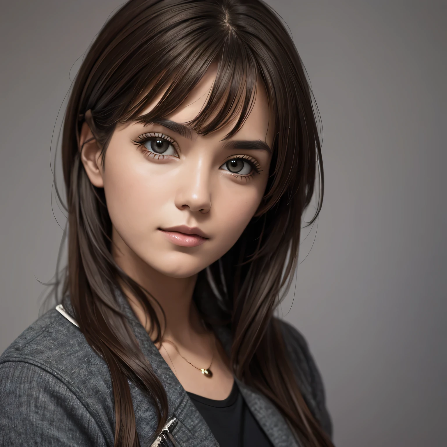 Highly detailed, depth of field, adult woman, brown hair, gray background