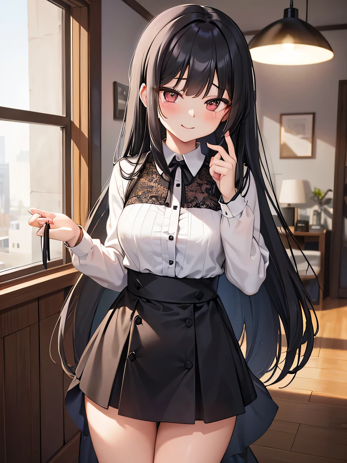 (1) A woman stands with her skirt rolled up, Exposed black lace panties.
(2) The outfit is a long-sleeved mini dress..
(3) her hair is long black.
(4) The facial expression is a bewitching and provocative smile.
(5) The location is the living room of the apartment at night..