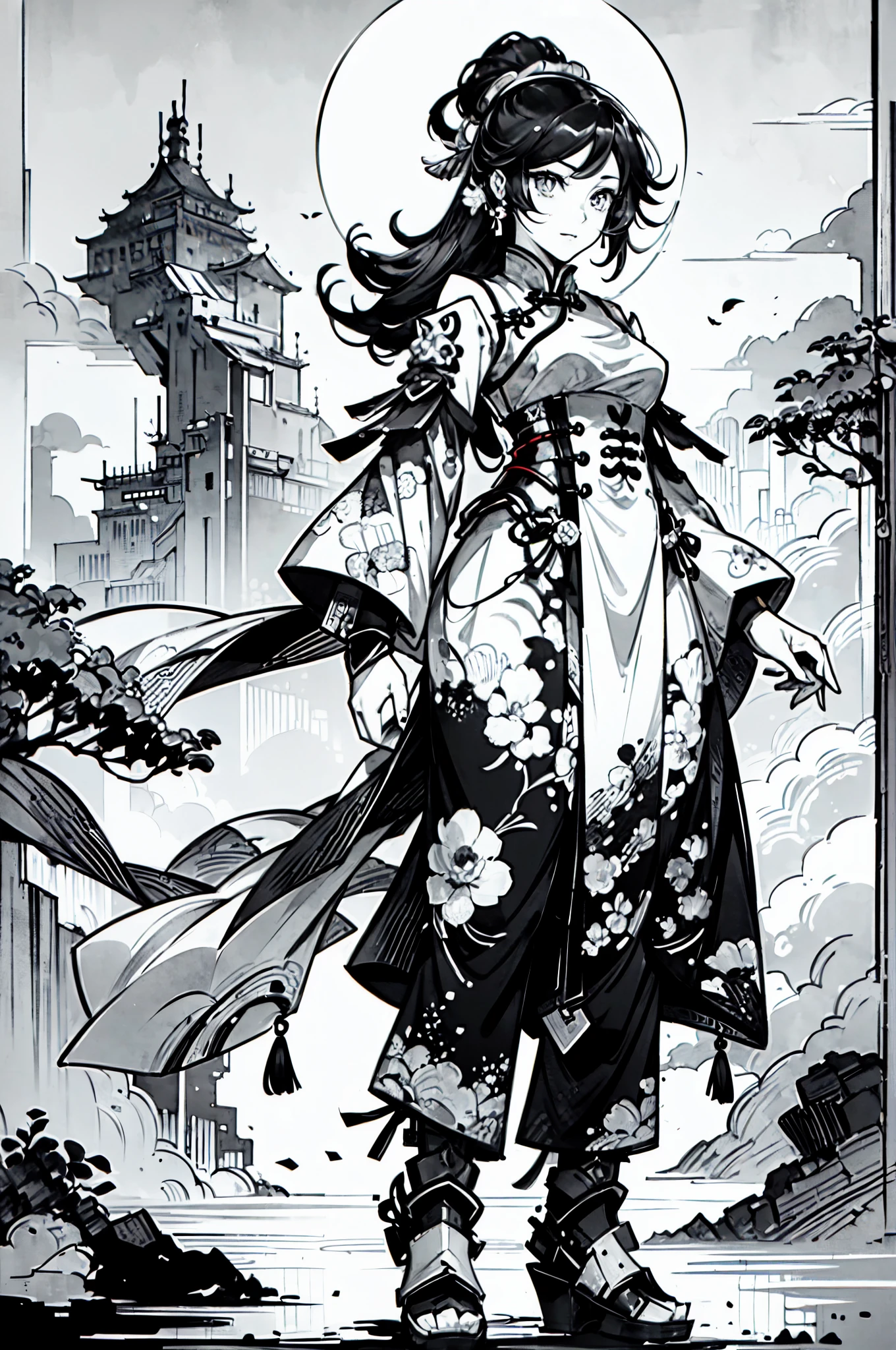 Chinese ink painting,ink wash painting, A pure white background, monochrome,greyscale, Full body, solo, 1 mecha female warrior,Clear line, masterpiece