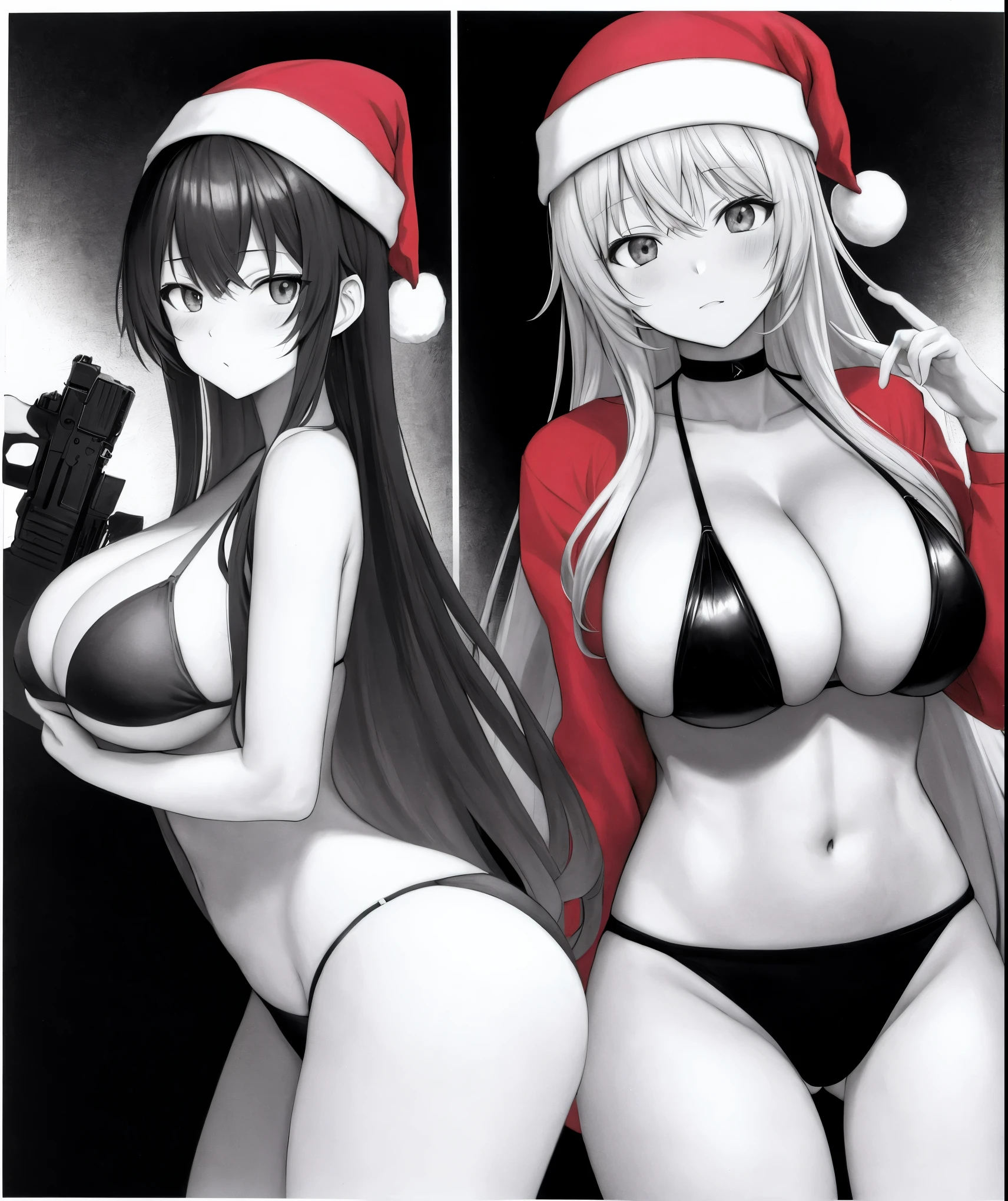 Anime girl in bikini and Santa hat with a gun., oppai, proporciones de oppai, oppai ciberpunk,ecchi, estilo manga en blanco y negro, con pechos grandes, estilo manga detallado,arte manga
