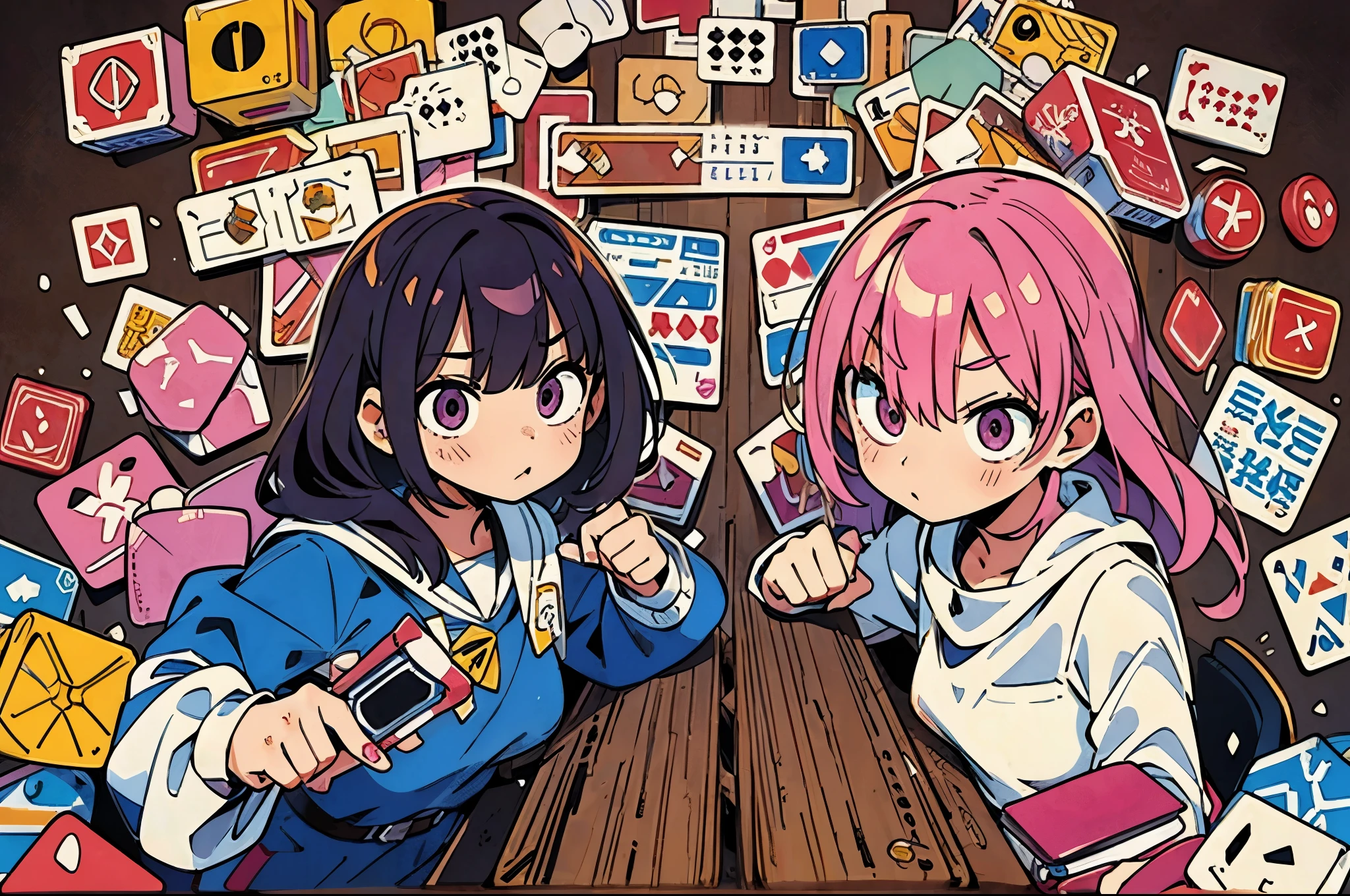 Board game, girl, two individuals, facing each other, children's room, serious gaze, concentration, competitive, tabletop gaming, intense focus, strategic play, game pieces, thoughtful moves, friendly rivalry, gaming session, amusement, strategic thinking, childhood joy, engaging duel, spirited competition.