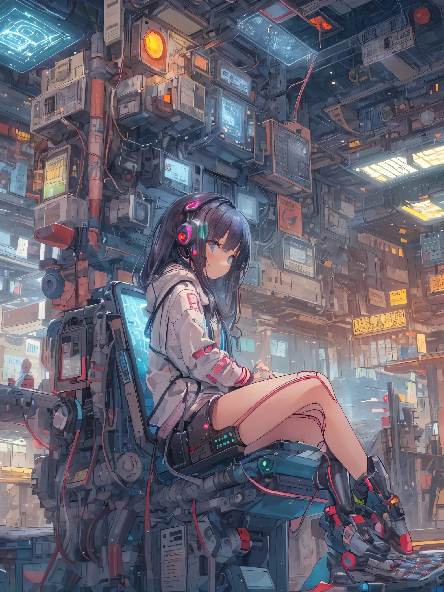 absurd, High resolution, (anime style:1.1), ((table top)), ((highest quality)), (super detailed), (beautiful), Super-enlarged diagram of ultra-high-definition CPU circuit diagram、super fine、(Cute detailed girl sitting on CPU:1.4)、11 year old girl、long hair、Colorful Girl、(cyber punk:1.4)、(Finely shining LED:1.3)、(The girl is a robot with communication cables coming out from various parts of her body and connecting her to machines.:1.3)