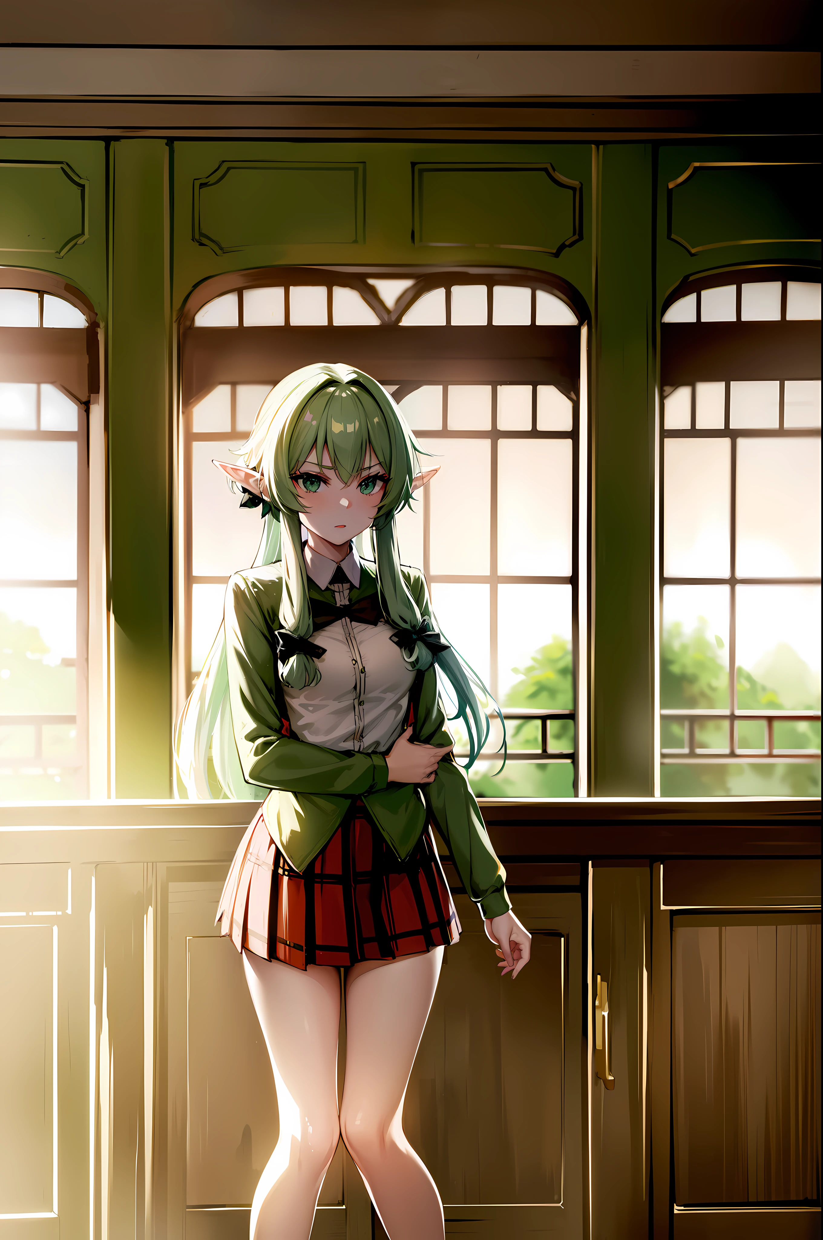 highelfarcher, high elf archer, elf, Green hair,  long hair, pointy ears,  elf,  (masterpiece:1.2), best quality, high resolution, unity 8k wallpaper, (illustration),   perfect lighting, Highly detailed CG,  (sexy:1.4),alone, 1 woman ,(schools_shirt:1.3), (schools_skirt:1.3) , (class_background 1.2), (inside) ,  standing, 