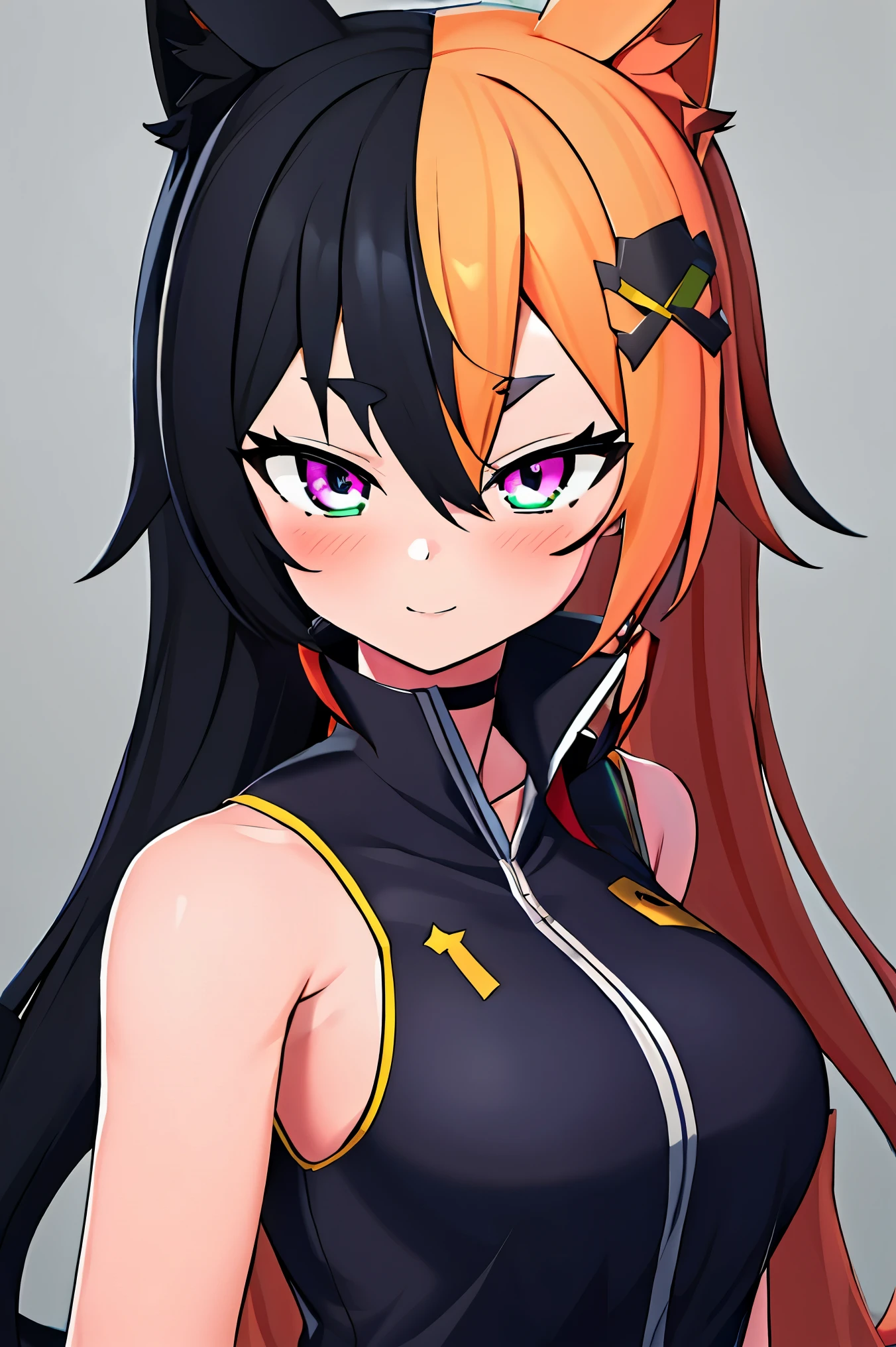 1 girl, animal_ear_fluff, animal_ears, Bangs, only_Shoulder, Black_hair, blush, breast, cexist_ears, closure_Mouth, Eyebrow_visible_pass_hair, green_Eye, grey_background, hair_between_Eye, Karil_(Princess_connect!), long_hair, watching_exist_audience, Moderate_breast, colorful_hair, shirt, simple_background, sleeveless, sleeveless_shirt, alone, superior_Body, white_background, white_shirt, 