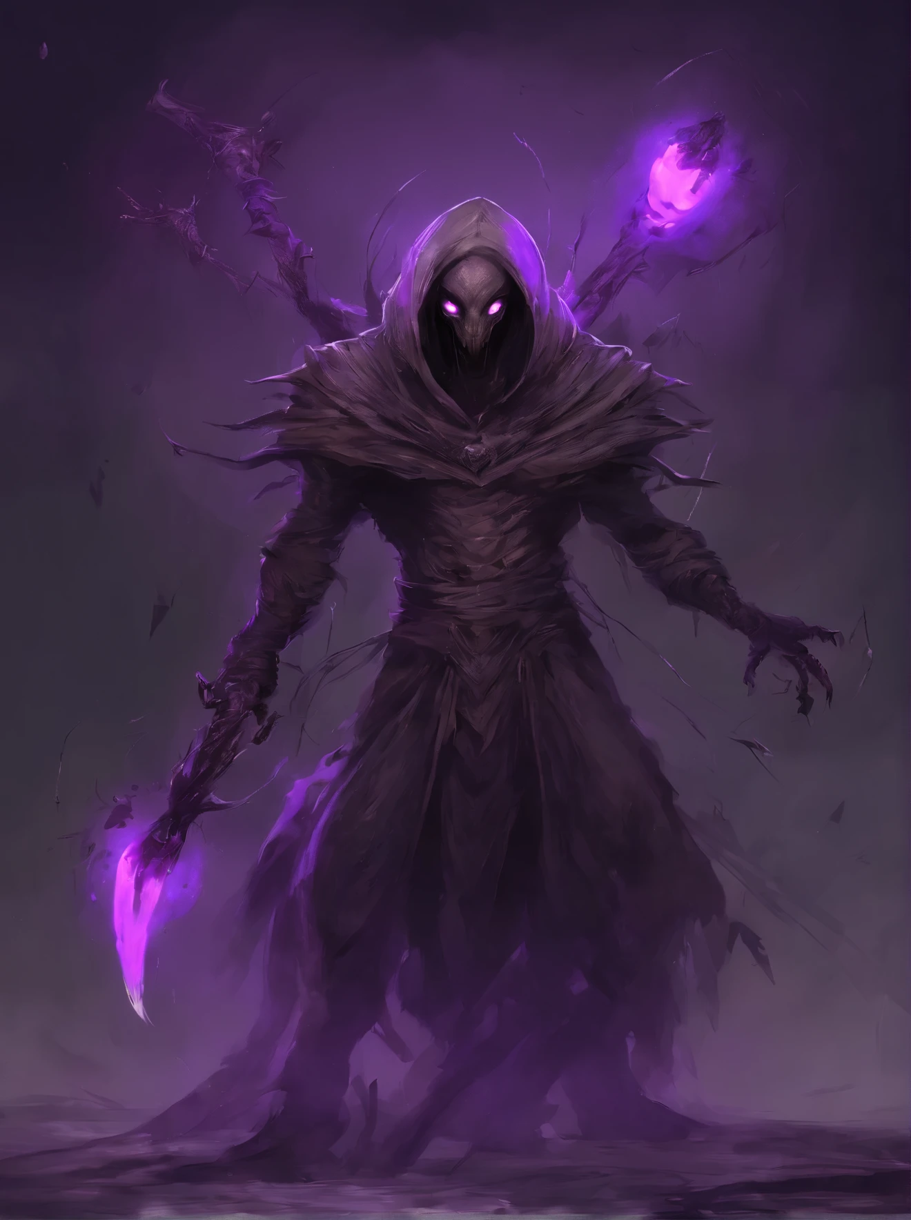 alien monster with purple glowing head, no face, (faceless) face replaced by purple light orb, having blades on it's hands, (Blades on arms), assasin dress, using 2 blade swords, flying creature, hooded head, mob, scarry creature, 4k, detailed painting, painting style, ugly monster, awful, horror monster, paint artifacts, sepia, no landscape, night, horror mob, estetic art, digital art style,