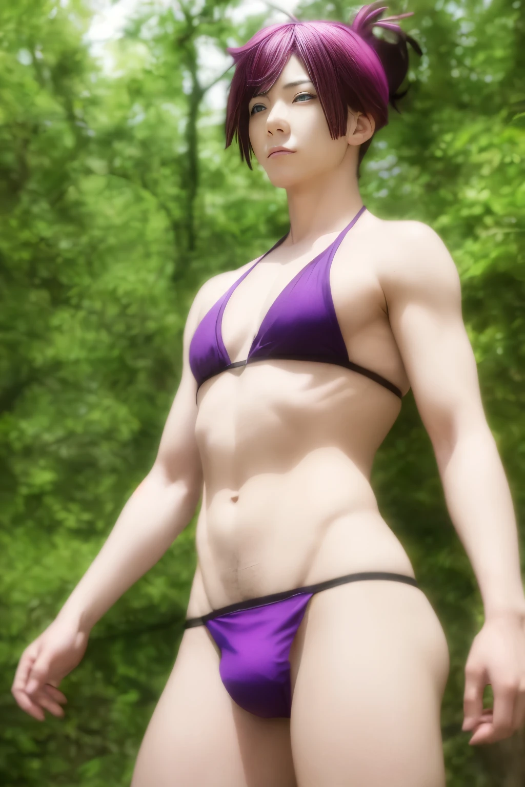 Anime boy in bikini posing in the forest,solo, anime rush john 8k forest, Highly detailed altogerm, attractive anime boy, official anime still, Enchanting anime boy, Commission for high resolution, Photorealistic anime boy rendering, Purple hair boy with short ponytail, clothing:bikini swimwear, Red-eyed boy, purple bikini, wearing a swimsuit, Commission for high resolution, in a trianglebikini, Photorealistic anime boy rendering, anime still, anime moe art style, official art, best anime boy, Boy standing, smile, Anime visual of a young boy, Charming anime boys, anime male characters, shuushuu anime image, male focus, anime best boys, Gweiz style artwork, detailed digital anime art, perfectly shaded body, Realistic anime 3D style, 美しいCharming anime boys, realistic anime art style, realistic shaded perfect body, 