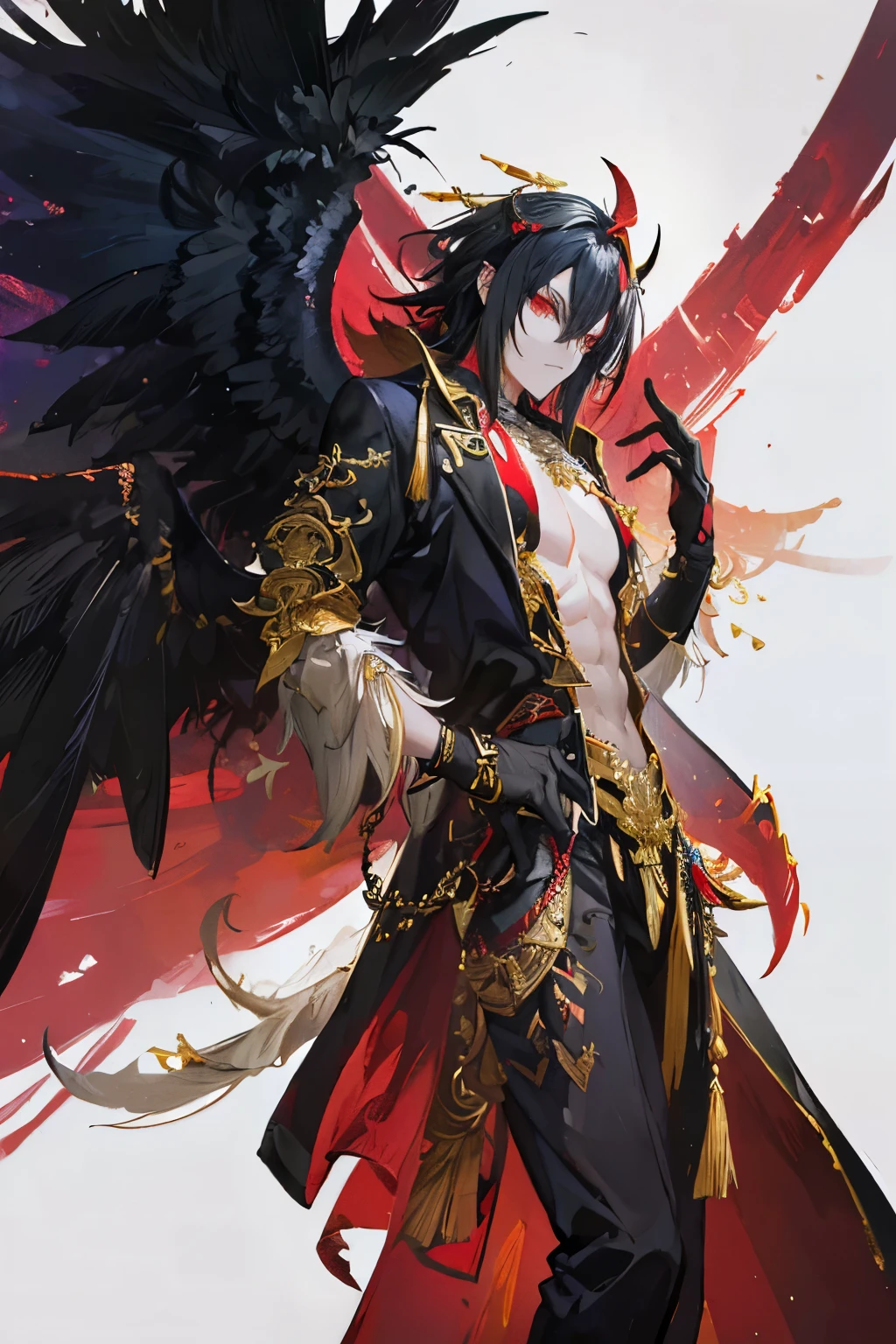 Absurd resolution, high resolution, (masterpiece: 1.4), hyper-detail, black haired male half tengu with 6 large wings , sole male , solo , man , male