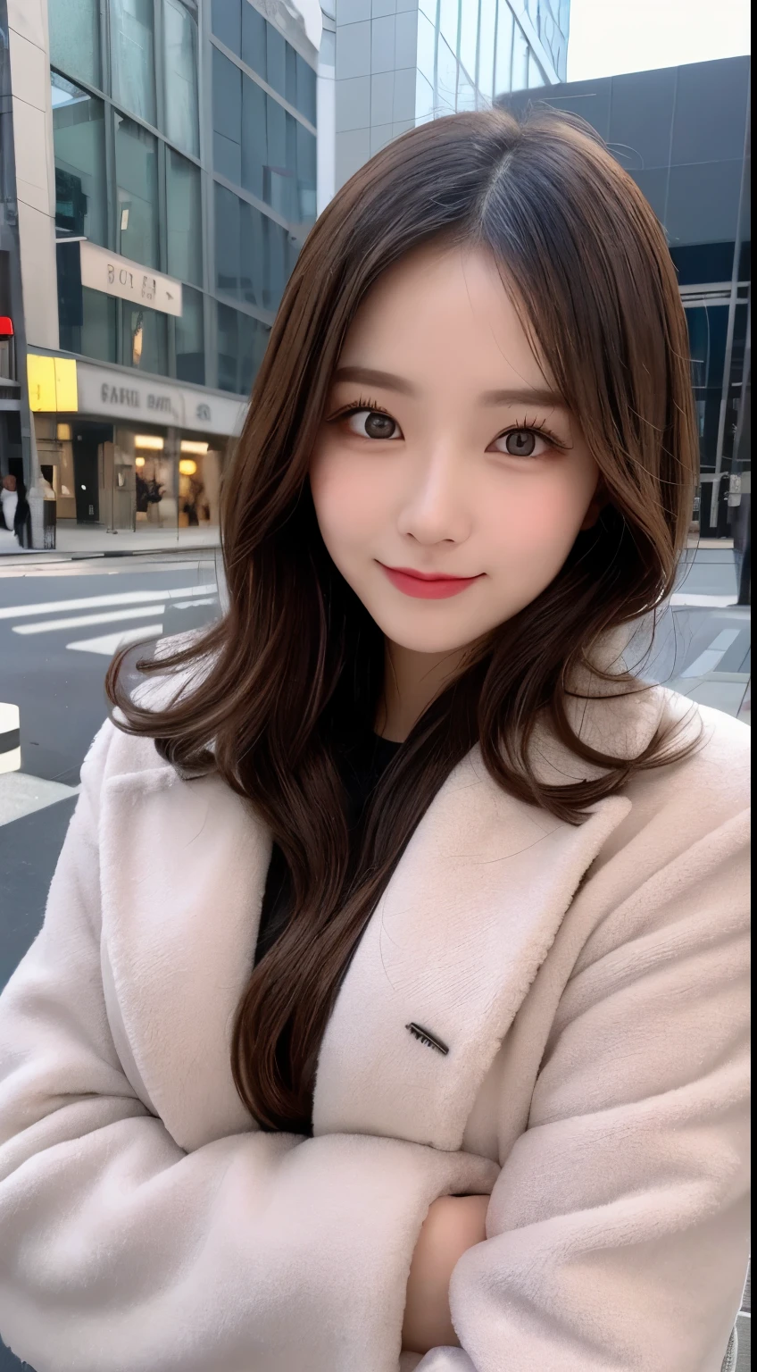 table top, highest quality, shape, Super detailed, finely, High resolution, 8k wallpaper, 完璧なダイナミックな構shape, beautiful and detailed eyes, Gorgeous and stylish black fluffy latest trend Tokyo winter clothes,ランダムなcute髪,small breasts,natural color lip, bold sexy pose,smile、20 year old girl、cute、sexy shot looking at camera,Always blur the background,perfect and beautiful face,Take only the face,beautiful and detailed face、slim face and style,Big eyes、Do gal makeup,real photos、luxury brand mink coat、Take a full body photo、Smile