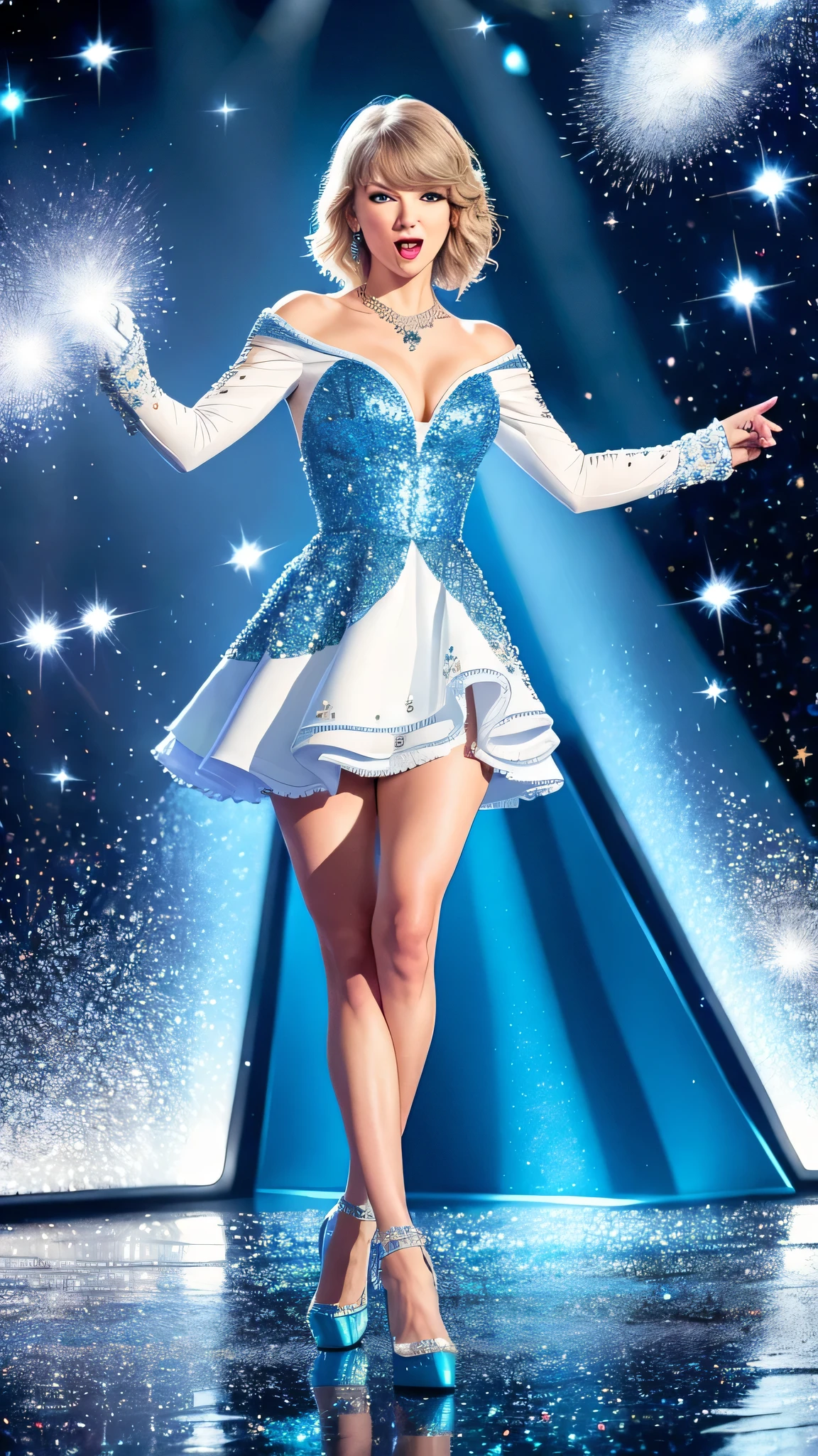 swift taylor(photorealistic: 1.4) (ultra-detailed) (full body), popstar, movie scene (blue and white), sparkles, splendor, wealth, nobilit,