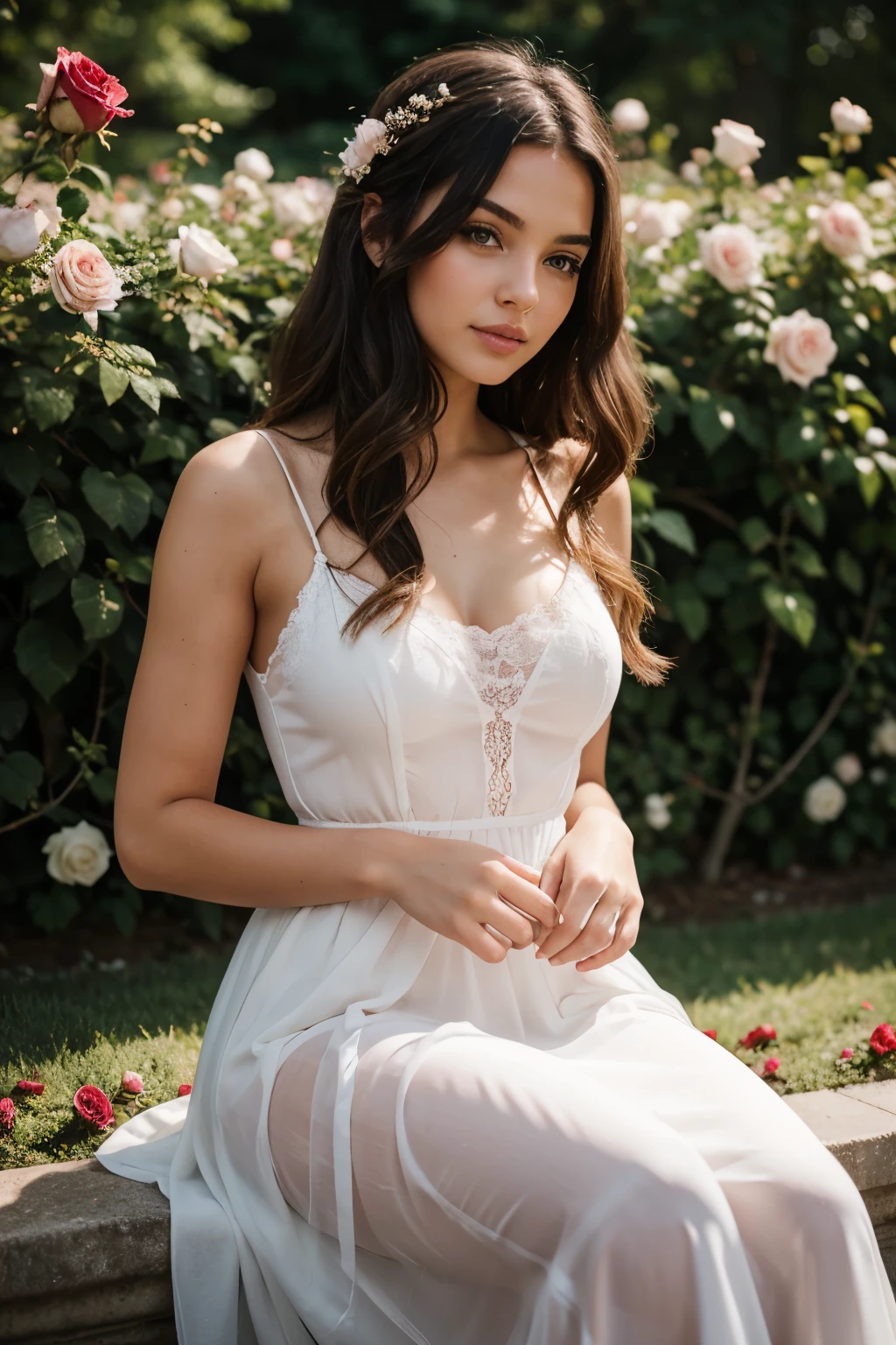  historic Victorian-era French arboretum nestled in Provence.

LaGermania:

SKS Woman (1.1): Channel the essence of a strong, independent woman with a hint of vulnerability, reminiscent of iconic supermodels like Stephanie Seymour. Let her gaze hold a captivating intensity (intense gaze), drawing the viewer in with a hint of mystery.
Timeless Elegance (1.1): LaGermania embodies timeless elegance. Her attire is a flowing, light-colored dress that complements the arboretum's lush greenery. Delicate lace accents, perhaps along the sleeves or neckline, add a touch of femininity, while her hair is styled in a way that evokes the Victorian era (e.g., a romantic updo with loose tendrils framing her face). A touch of dewy makeup enhances her natural beauty, but keeps the focus on her flawless skin, glowing with health and vitality.
Fierce and Confident (1.1): Despite the romantic setting, LaGermania's posture and expression exude a sense of fierce confidence. She owns the moment, radiating an air of mystery and intrigue. Perhaps a hint of a playful smile hints at her adventurous spirit.
The Enchanting Arboretum:

Lush Verdure (1.1): LaGermania is surrounded by a vibrant tapestry of lush greenery. Imagine an abundance of exotic flowers in a riot of colors – deep purples, vibrant pinks, and delicate yellows. Lush foliage in various shades of green provides a luxurious backdrop, showcasing the diverse flora of the arboretum.
Sunlight Dappled (1.1): Sunlight filters through the canopy of trees, casting dappled light on LaGermania and the surrounding foliage. This creates a mesmerizing interplay of light and shadow, adding a touch of romanticism and mystery to the scene.
Historical Charm (1.1): Incorporate subtle hints of the arboretum's Victorian heritage. Perhaps a glimpse of a white, wrought-iron archway draped in climbing vines frames LaGermania's portrait. Alternatively, a weathered stone bench adorned with intricate carvings could be strategically placed in the background.