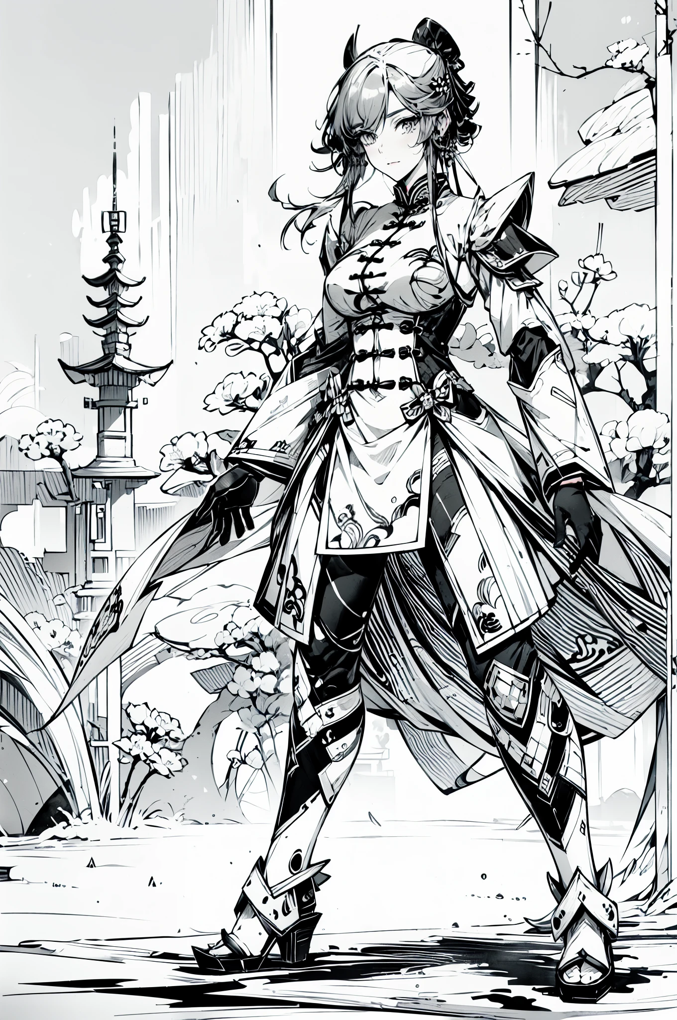 Chinese ink painting,ink wash painting, A pure white background, monochrome，greyscale, Full body, solo, 1 mecha female warrior，Clear line， masterpiece
