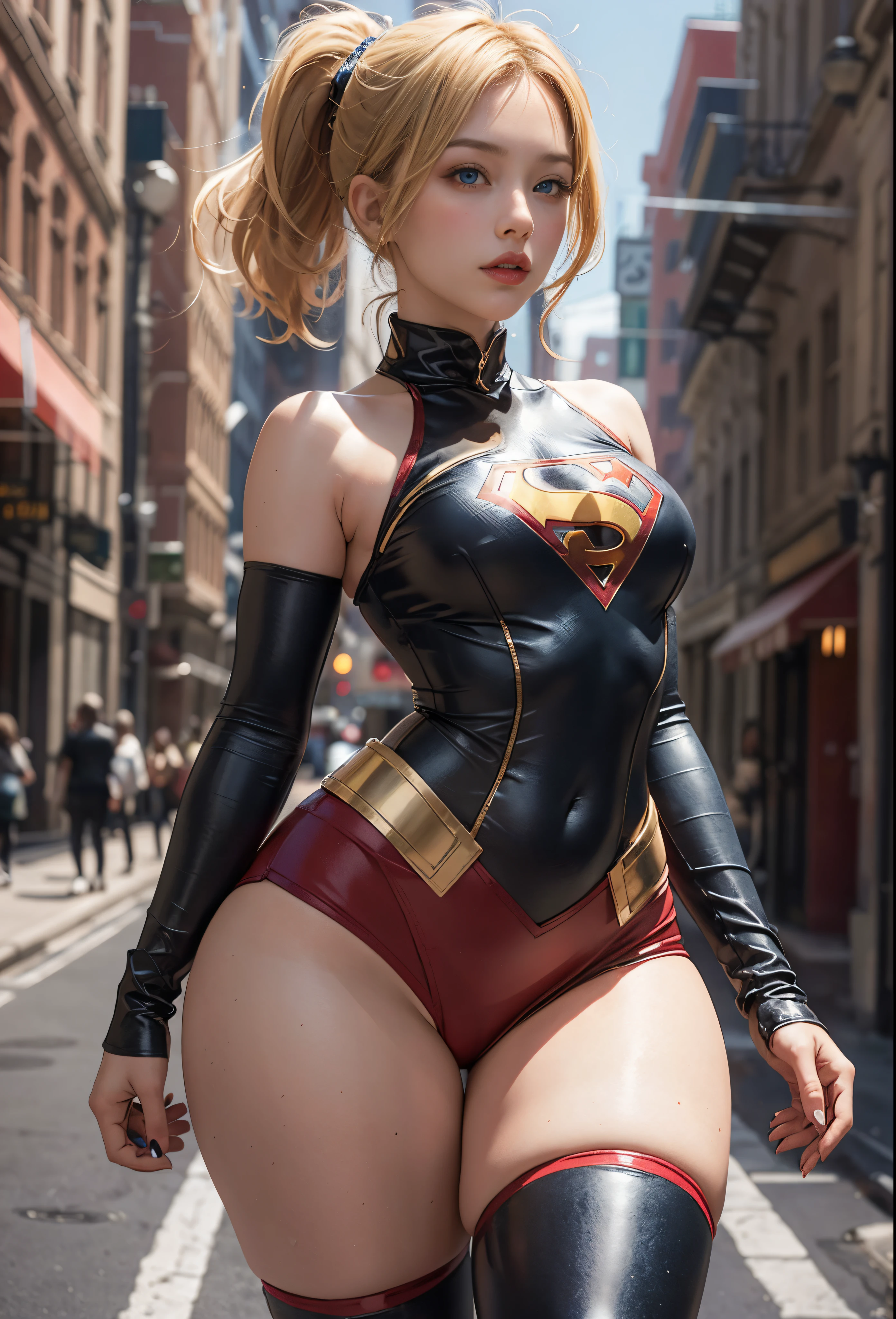 4k, realistic, charismatic, very detailed, there is a girl in the sky, dressed in a super girl costume, she is a super girl, superhero theme, blonde short hair, ponytail, 20 years, full body, (detail in the eyes), (detail in the face), incredibly beautiful, blue eyes, blush, makeup, red lipstick, miniskirt, (wide hips), (thick thighs), small breasts, dress,, seductive pose, (extreme hourglass figure), thin, svelte, white skirt, boots, tight t-shirt
