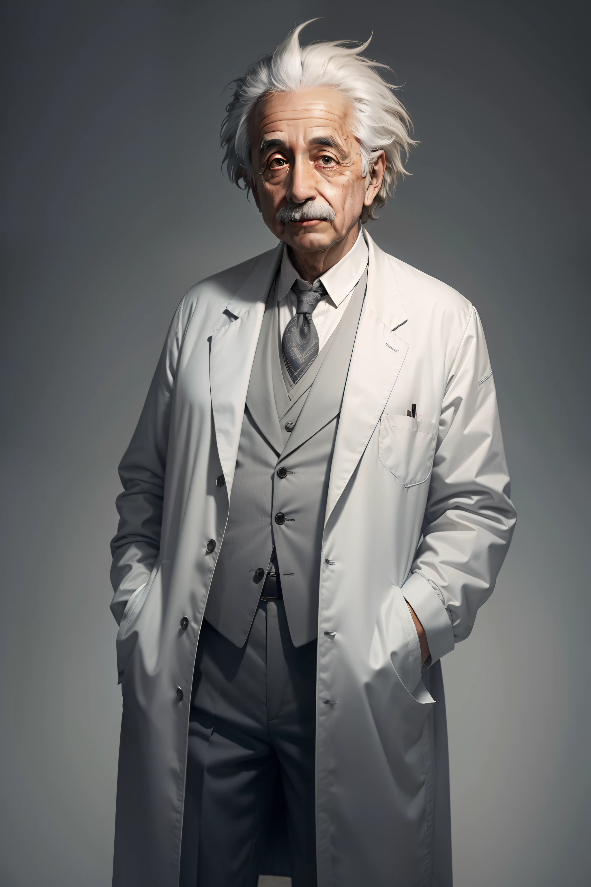 Albert Einstein in a doctor's outfit in front of a gray look