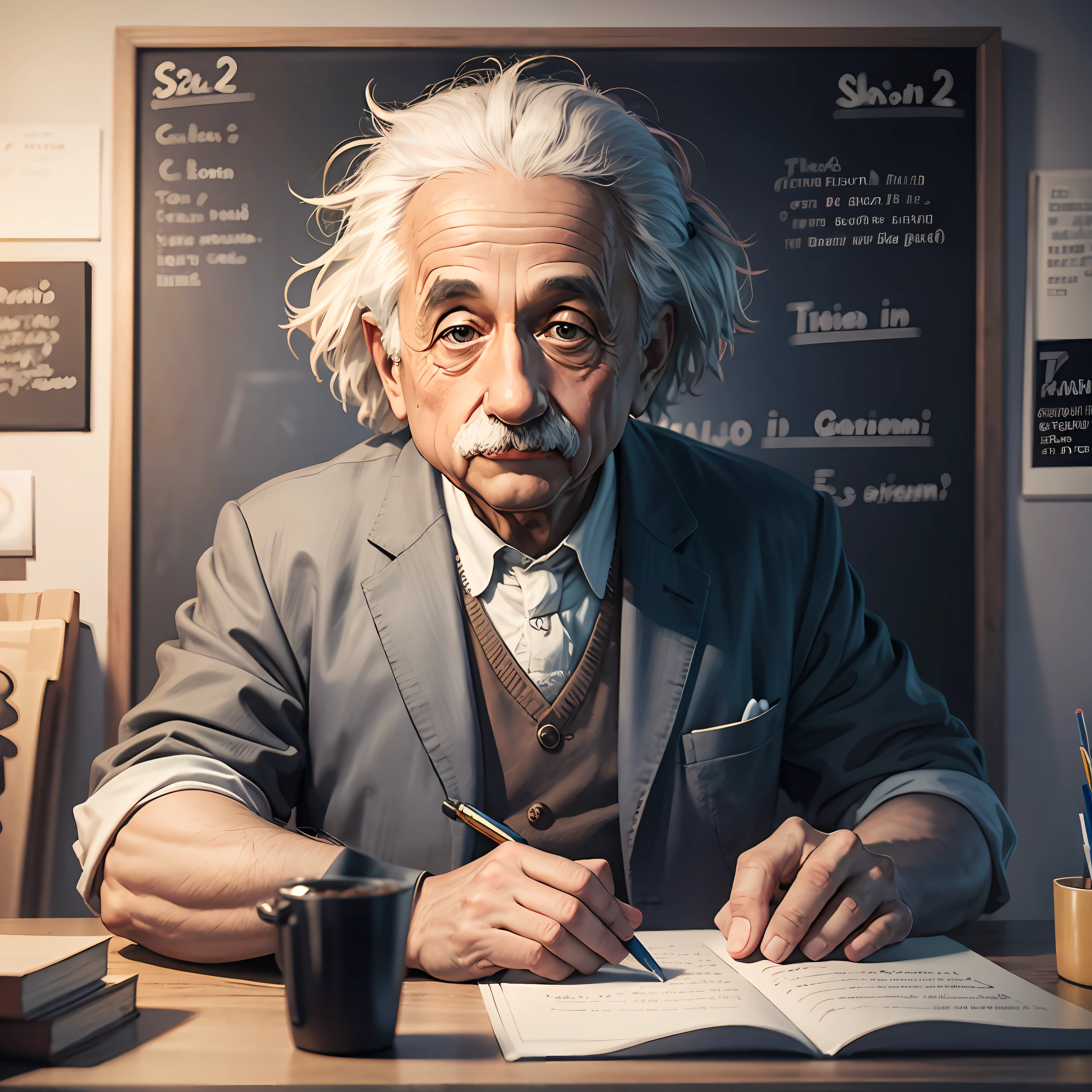 Albert Einstein com quadro de giz no fundo --auto --s2