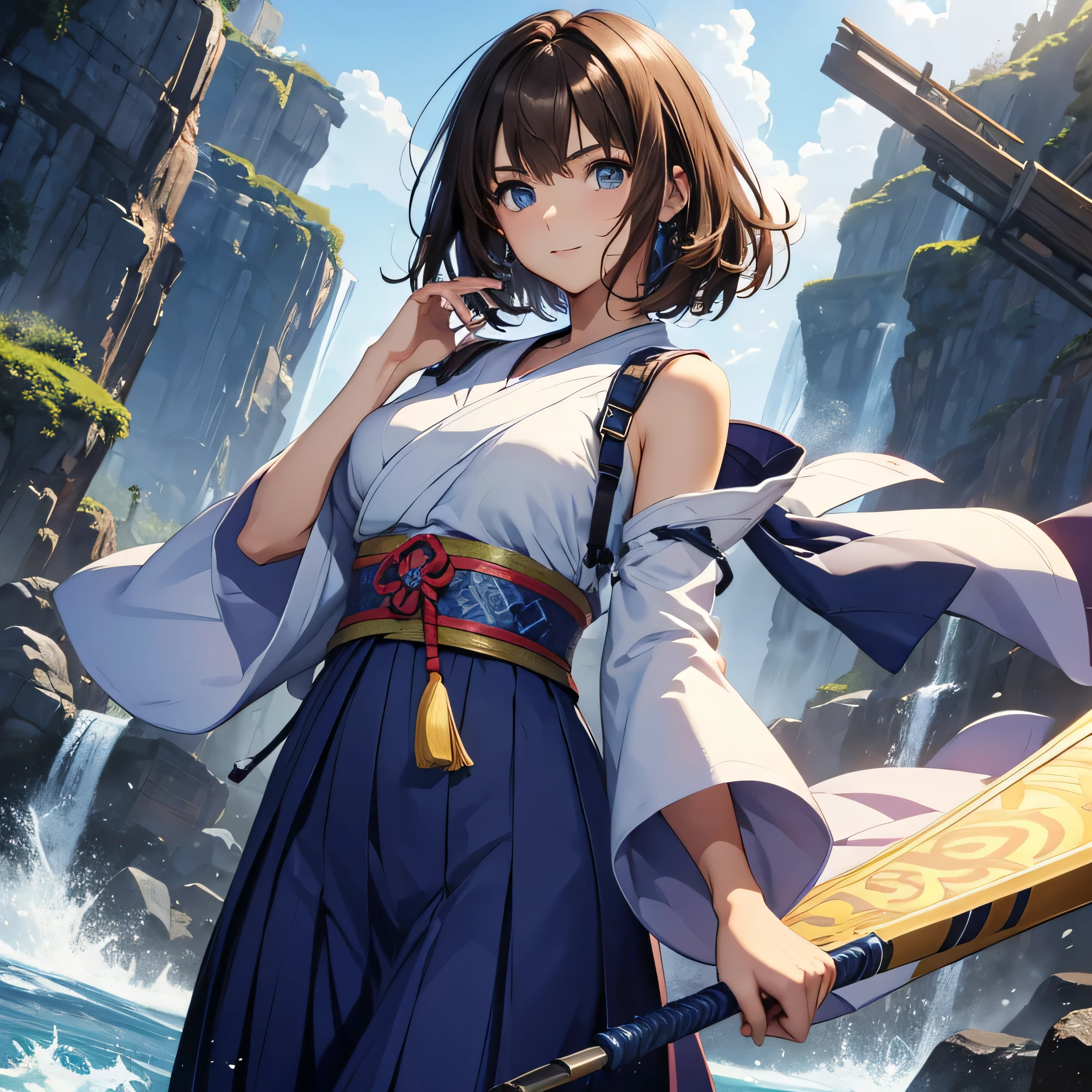  highest quality, highest quality, beautiful anime、anime style, best lighting, cute face, round eyes、(((1 girl、alone、Final Fantasy X/yoona、dark brown hair、short hair、hair that follows the face、blue eyes、thin、normal chest、white and navy hakama、thin太もも)))、Are standing、shy smile、sunrise coast、image from the knees up、