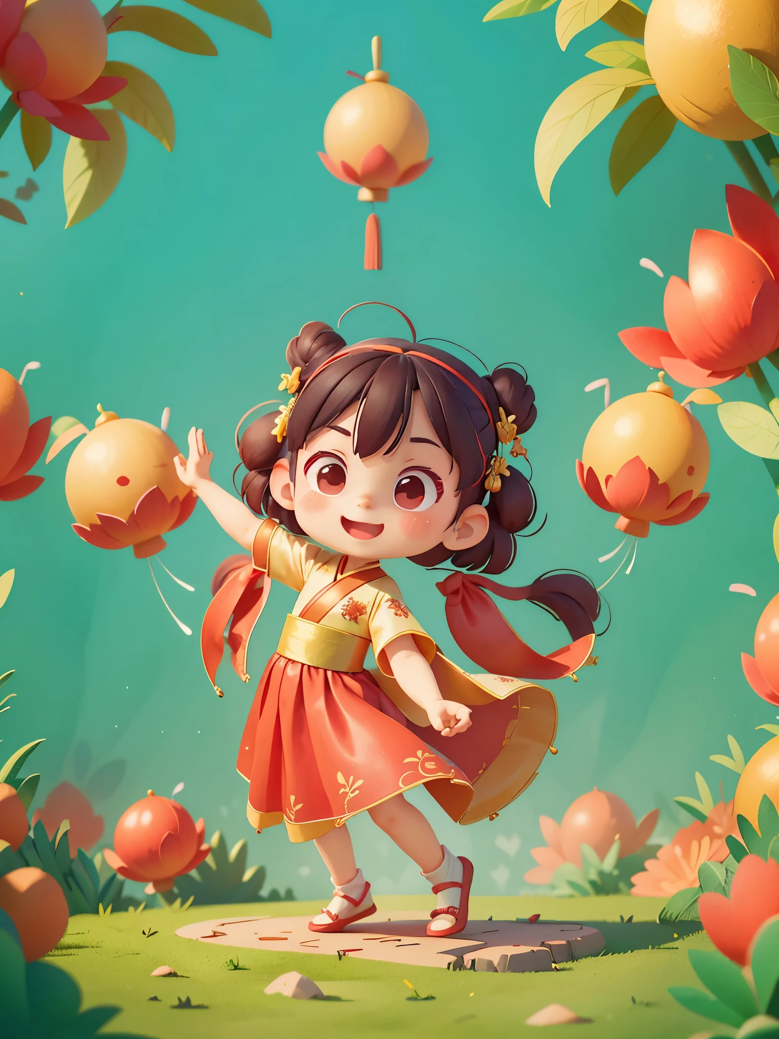 Lovely((preschool))girl, wear((Red Hanfu long dress))，Hold fists with hands，To you，Happy New Year，background：old Chinese building，Fireworks in the sky，Smile.，Happy, digital illustration, Illustration poster, (auspicious, Red),(traditional, culture),(Delightful, festive)， (masterpiece: 1.2) (actual: 1.2) (Bokeh) (best quality) (delicate skin: 1.3) (intricate details) (8k) (exquisite eyes) (sharp focus), (((Reduce skin exposure)))，Correct movements，
