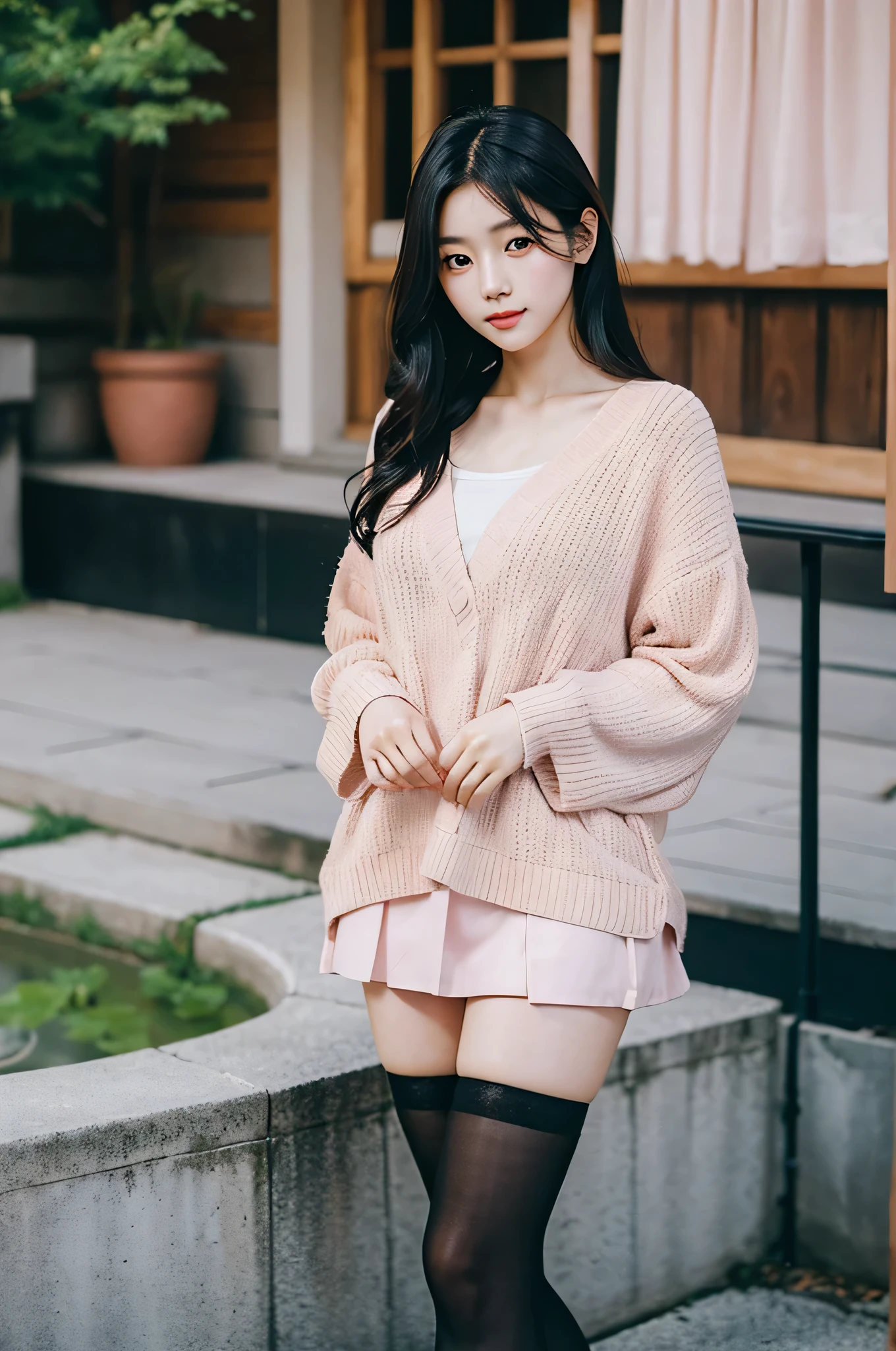 japanese women,delicate face,exquisite eyes,22 years old,HD,4K,beautiful girl,short skirt,long black hair,pink blush,black stockings