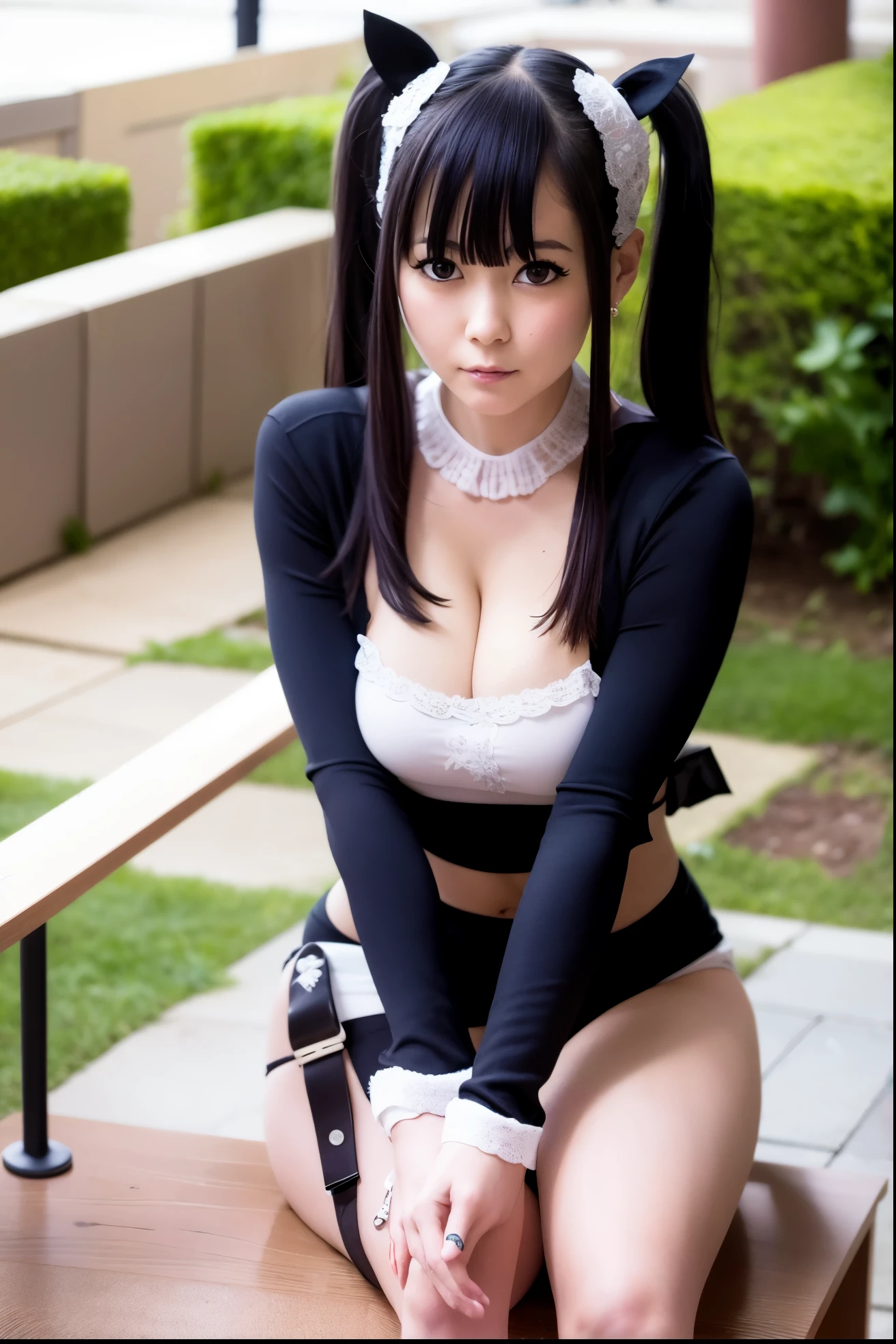 Alaffa asian woman sitting on bench with legs crossed, twin tails white_gloves, stop 4 *, Belle Delphine, pretty face with arms and legs, very beautiful cute cat girl, Young and cute gravure idol, Young skinny gravure idol, Ayaka Cosplay, stop 4, Chiho, black pigtails, eat and drink