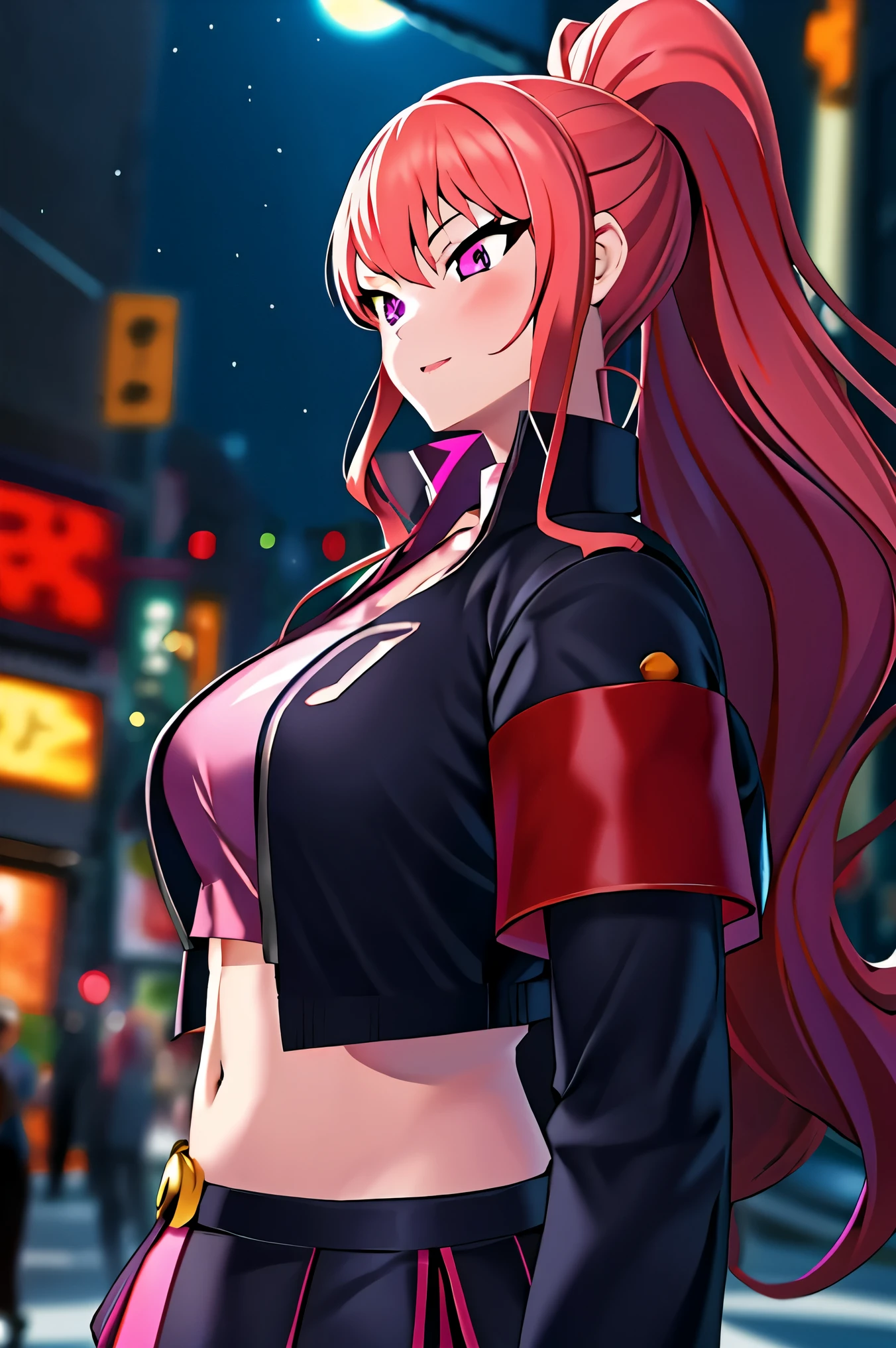 On the bustling streets of Gintama，Beautiful girl with hot makeup in school uniform, surrounded by traders, Beautiful portrait of a stunning goddess girl, Beautiful and delicate face, porcelain skin, half body shot, center,(black hai,navel:1.2),((moonlight,night,Big neon,strong neon lights,edge lighting,two color lights))),