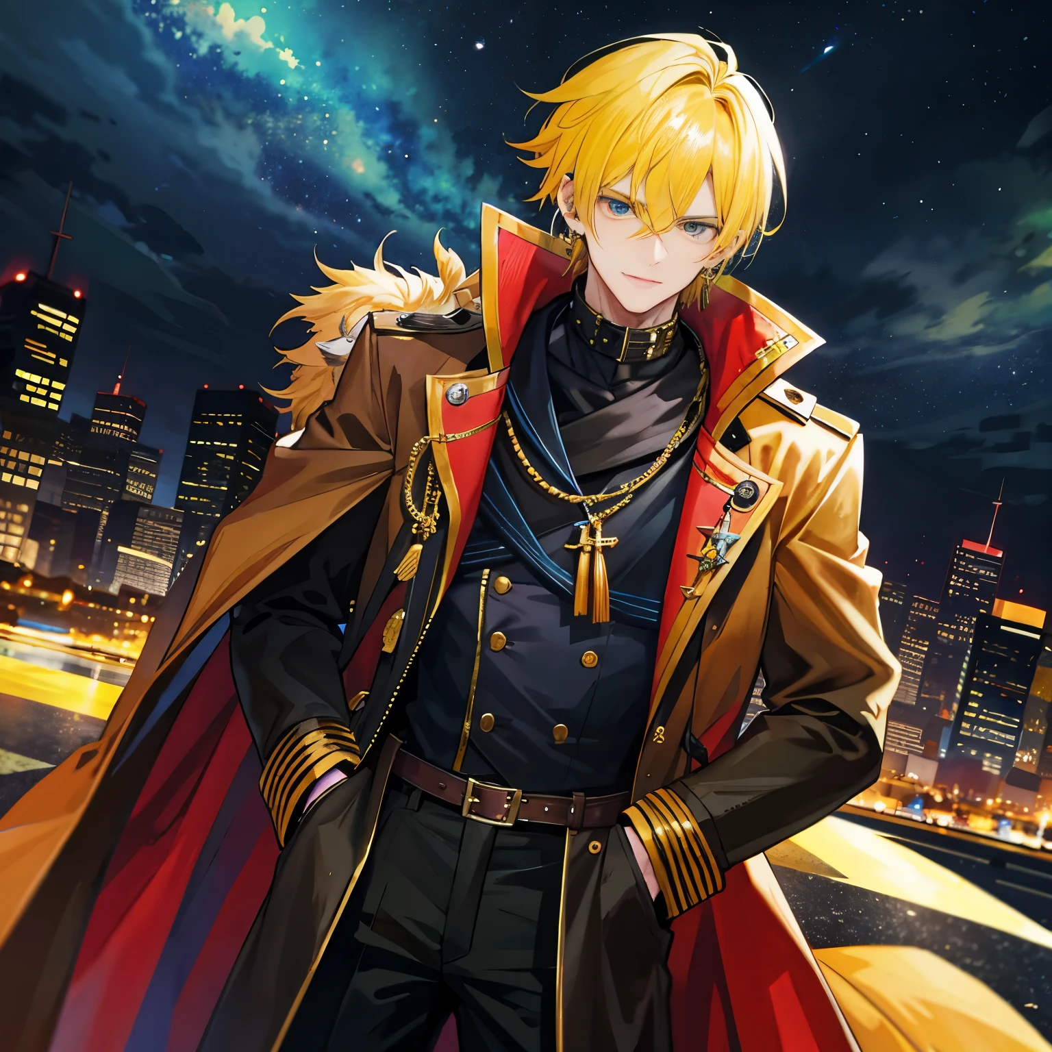 A man,Handsome,Yellow hair, Spiky, nightcity,Sateen,ear-Ring, Bandana, Militarry coat large,Put your hands in your pockets,