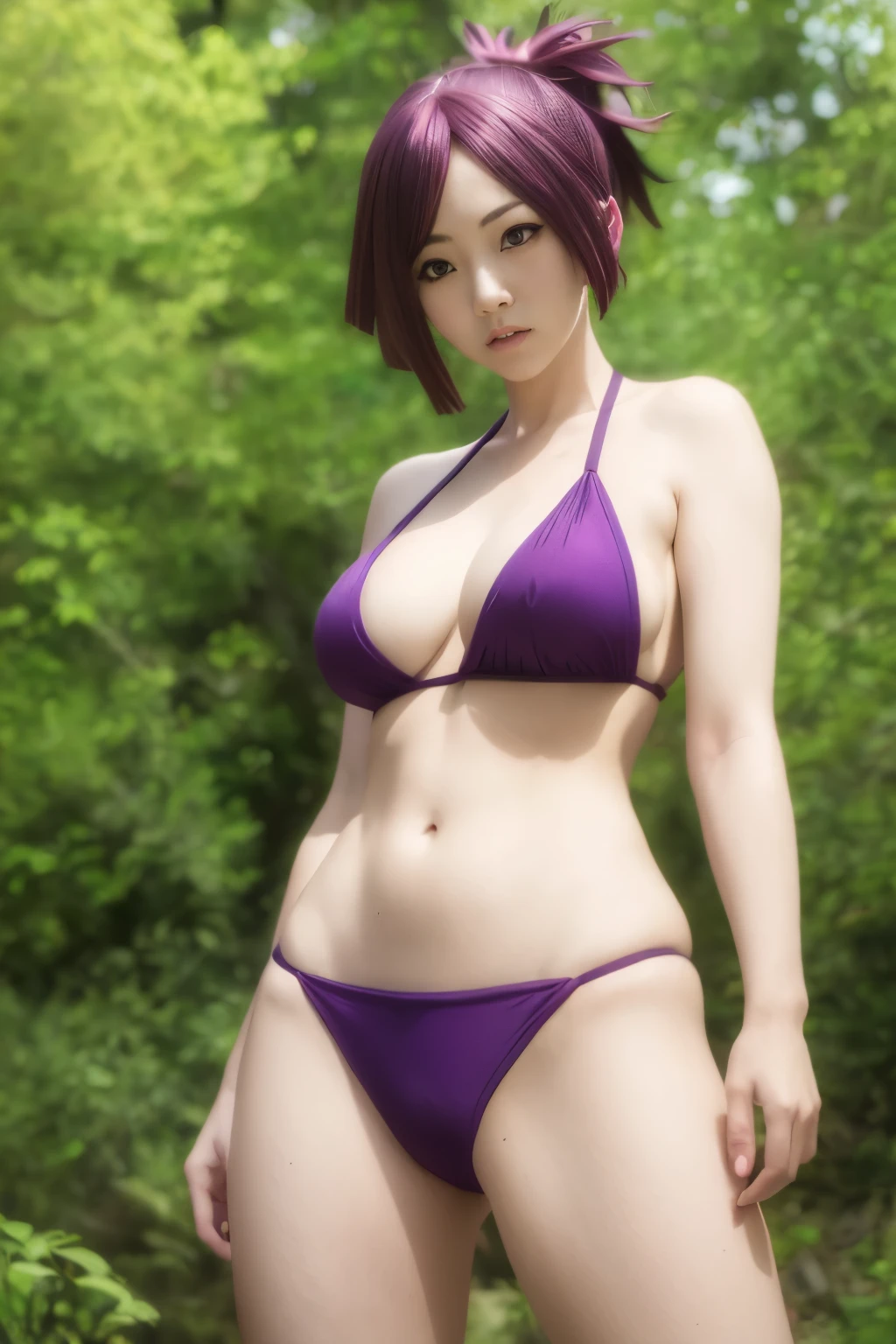 Anime girl in bikini posing in the forest, solo, anime rush john 8k forest, Highly detailed altogerm, attractive anime girl, official anime still, seductive anime girl, Commission for high resolution, Photorealistic anime girl rendering, short ponytail purple hair girl, clothing:bikini swimwear, Red-eyed girl, , girl with big breastskini, wearing a swimsuit, Commission for high resolution, in a trianglebikini, Photorealistic anime girl rendering, anime still, anime moe art style, official art, anime best girl, a girl is standing, smile, Anime visual of a young girl, attractive anime girl, anime female characters, female focus, shuushuu anime image, The best girls in anime, Gweiz style artwork, detailed digital anime art, perfectly shaded body, Realistic anime 3D style, 美しいattractive anime girl, realistic anime art style, realistic shaded perfect body,