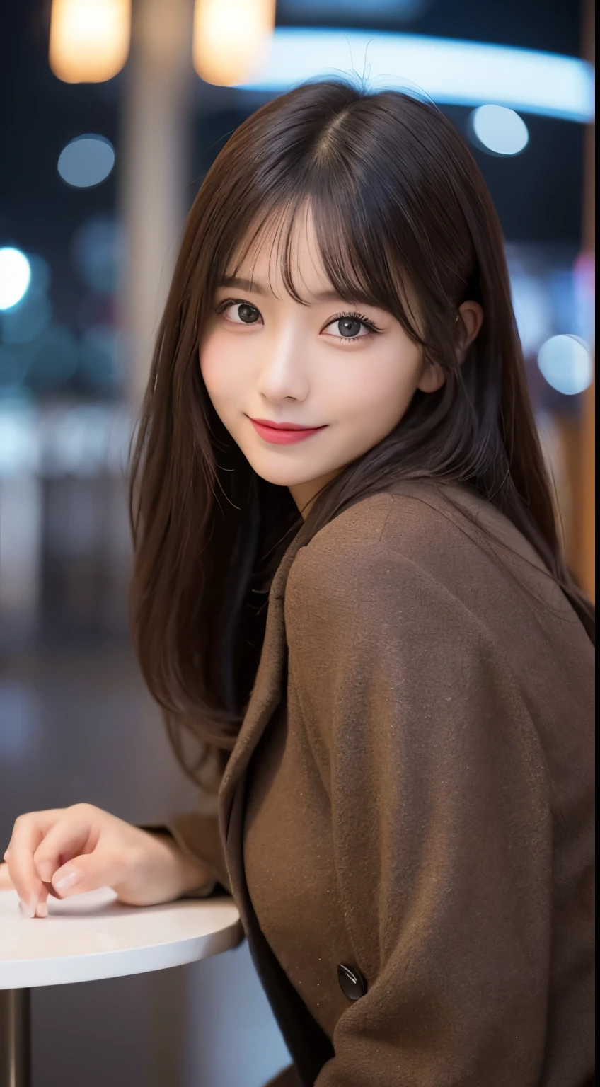 table top, highest quality, shape, Super detailed, finely, High resolution, 8k wallpaper, 完璧なダイナミックな構shape, beautiful and detailed eyes, Gorgeous and stylish black fluffy latest trend Tokyo winter clothes,ランダムなcute髪,small breasts,natural color lip, bold sexy pose,smile、20 year old girl、cute、sexy shot looking at camera,Always blur the background,perfect and beautiful face,Take only the face,beautiful and detailed face、slim face and style,Big eyes、Do gal makeup,real photos、luxury brand mink coat、Take a full body photo、Smile、Roppongi Hills、illumination