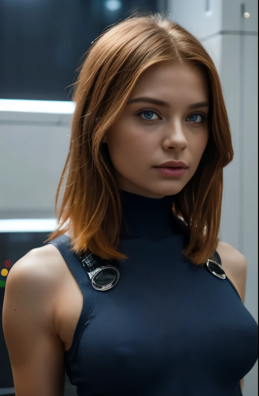 (best quality,4k,ultra-detailed,realistic), lean fit girl standing ,ginger woman,space,futuristic blue space suit,cute face,blue eyes,detailed eyes,sci-fi,dystopian, large breasts:1.1, round breasts:1.1