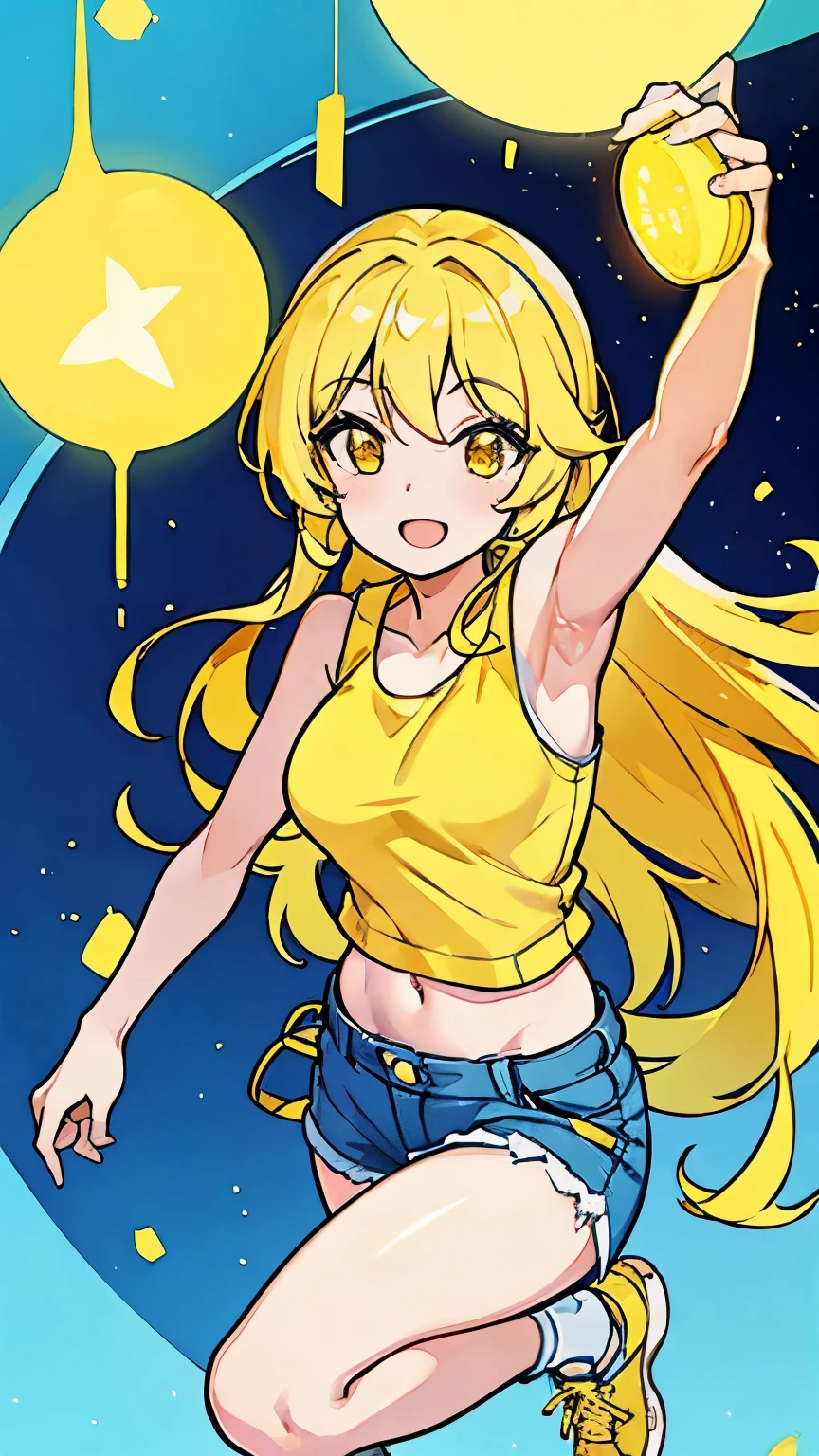 Yuka Natsumi, girl, long straight yellow hair, smile, beautiful, medium size breasts, yellow tank top, short jeans showing thighs, light blue sports shoes.