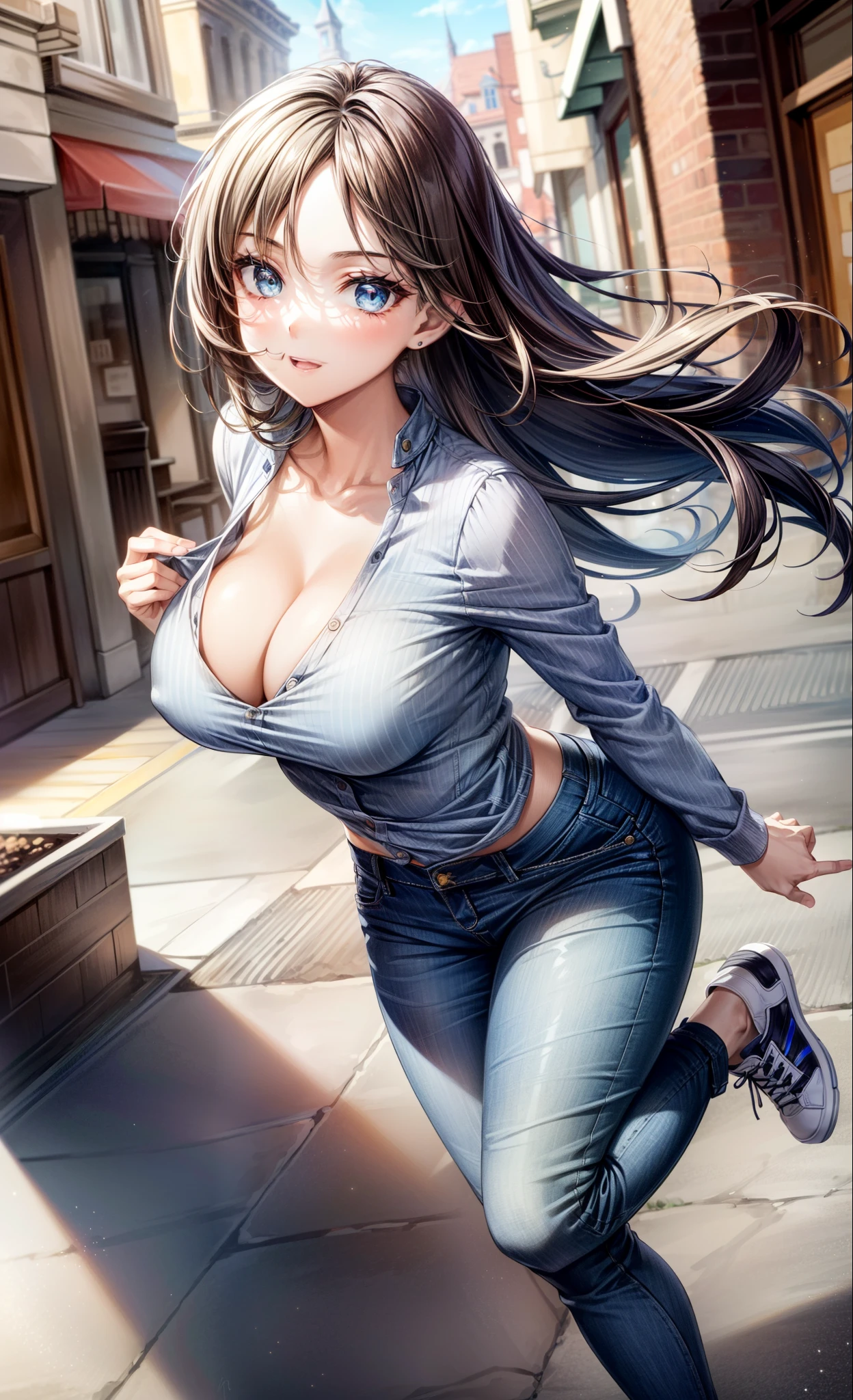 masterpiece, extremery magnificent view, perspective, extremery best quality, extremery detailed CG, 8k wallpaper, ultra high resolution, highly detailed face, highly detailed eyes, perfect anatomy, super detailed skin, not safe for work,
(dynamic angle, casual pose:1.2), outdoors, downtown, (leg focus, full body:1.3), (beautiful face, beautiful eyes, beautiful legs),
1girl, 20 year old, European woman, brunette hair, straight hair, long brown hair, forehead, blue eyes, large breast, (blue blouse), cleavage, long sleeves, bare shoulder, skinny, wide hips, thin waist, (skinny jeans:1.4), (blue jeans:1.4), (grey sneakers)