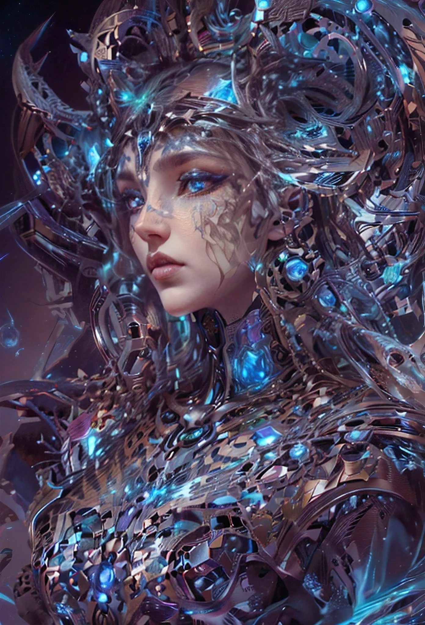 （best qualtiy，ultra - detailed，Most Best Illustration，Best shadow，tmasterpiece，A high resolution，professionalartwork，famousartwork），Detailed eyes，beautidful eyes，closeup cleavage，up body, sci-fy，colored sclera，Robot eyes，face markings，Tattooed with，（fractalized，Fractal eyes），largeeyes，Wide eyes，（Eye focus），sface focus，Cosmic eyes，Space eyes，Close-up of metal sculpture of a woman with a nebula in her hair，goddes。extremly high detail，3 d goddess portrait，Extremely detailed footage of the goddess，a stunning portrait of a goddess，Side image of the goddess，portrait of a beautiful goddess，Full body close-up portrait of the goddess，hecate goddess，portrait of a norse nebula goddess，goddess of space and time, center potrait