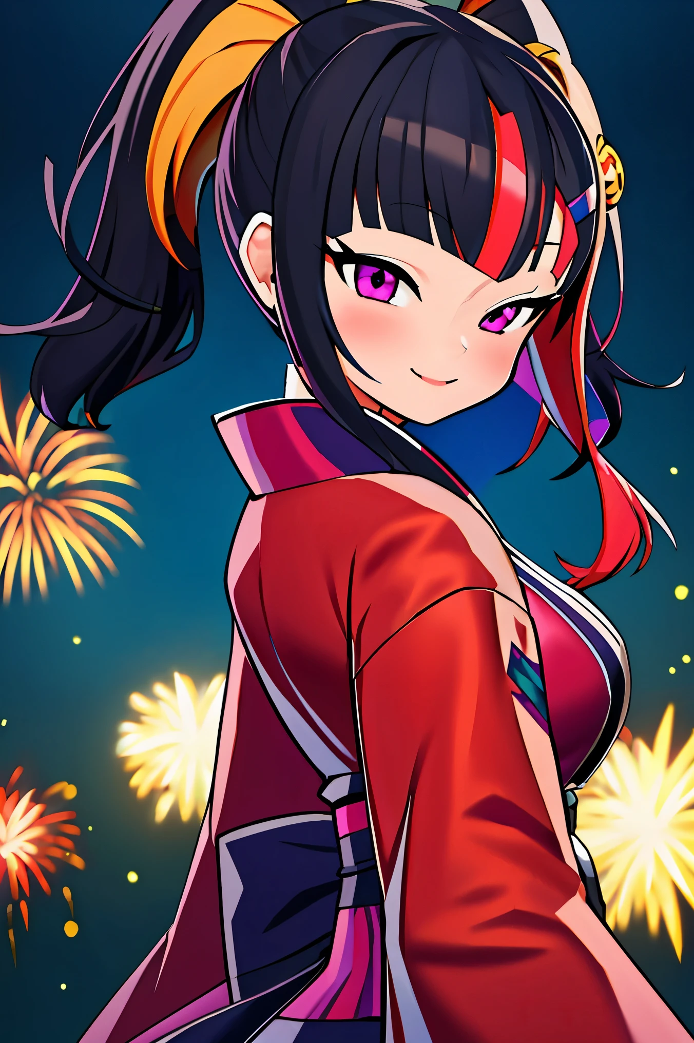 zoe, high resolution, (masterpiece: 1.4), super detailed, (1 female: 1.3), (alone: 1.4), fireworks, short bob, short bob, kimono, look back, close eyes, Smile着, Light, Xin Haicheng style, Super close-up of face, Ultra-detailed illustrations, bright colors, cinematic Light, exciting Light production, Attention to detail, bright colors, hairpin, kimono, Large side breasts, look back, happy, Smile, from below,