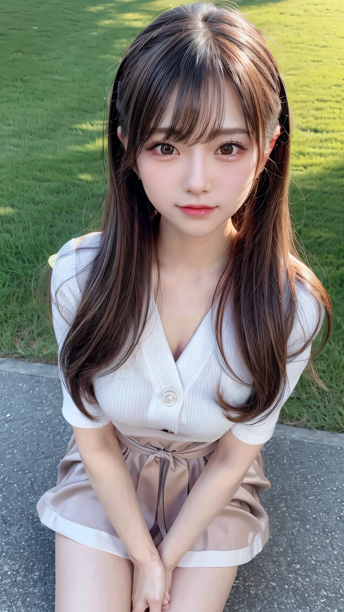 blush,14 years old,long hair ponytail,1 woman,((8K, Raw photo, best quality, muste piece:1.2), (Reality, photorealistic:1.4), (Highly detailed 8K wallpaper), Depth of bounds written, cinematic lighting, soft light, detailed beauty eye,Shiny and smooth light brown ponytail, asymmetrical bangs, shiny skin, super detailed skin ,high resolution, high detail, detailed hairstyle, detailed beauty face, hyper real, perfect limbs, perfect anatomy ,1 Japanese girl,famous japanese idol, perfect female body,shy smile,short eyelashes,double-edged eyelids,Hair style is ponytail,Do not join hands,under the blue sky、on the lawn、CMphotograph,Have juice