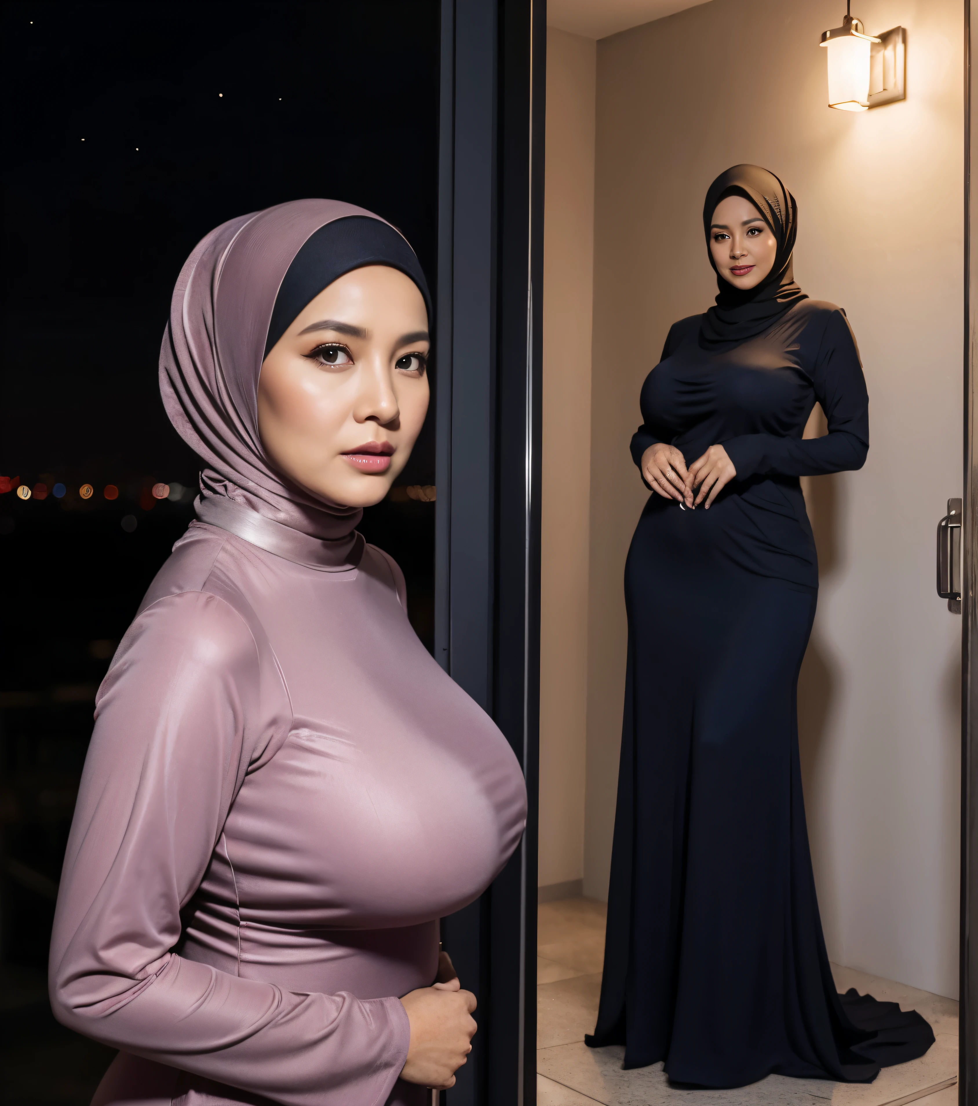 56 years Old, (Hijab Indonesian), (mature woman), Big Tits : 196.9, (Tight Luxury Gown), curvy body, Breast about To burst out from her clothes, at doctor office, Dark light, at Nighttime.