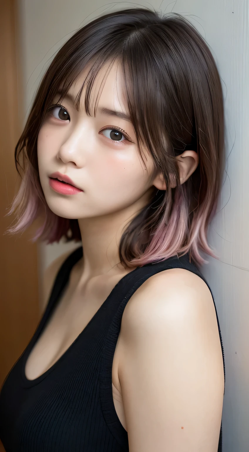 table top, highest quality, shape, Super detailed, finely, High resolution, In 8K,wallpaper, 完璧なダイナミックな構shape, beautiful and detailed eyes, black tank top,short bob hair、pink hair color,Big Natural Color Lip, bold sexy pose,crying a little、cold gaze,Harajuku、20 year old girl、cute、Looking up at the ceiling、in a dark room、sleeping in bed