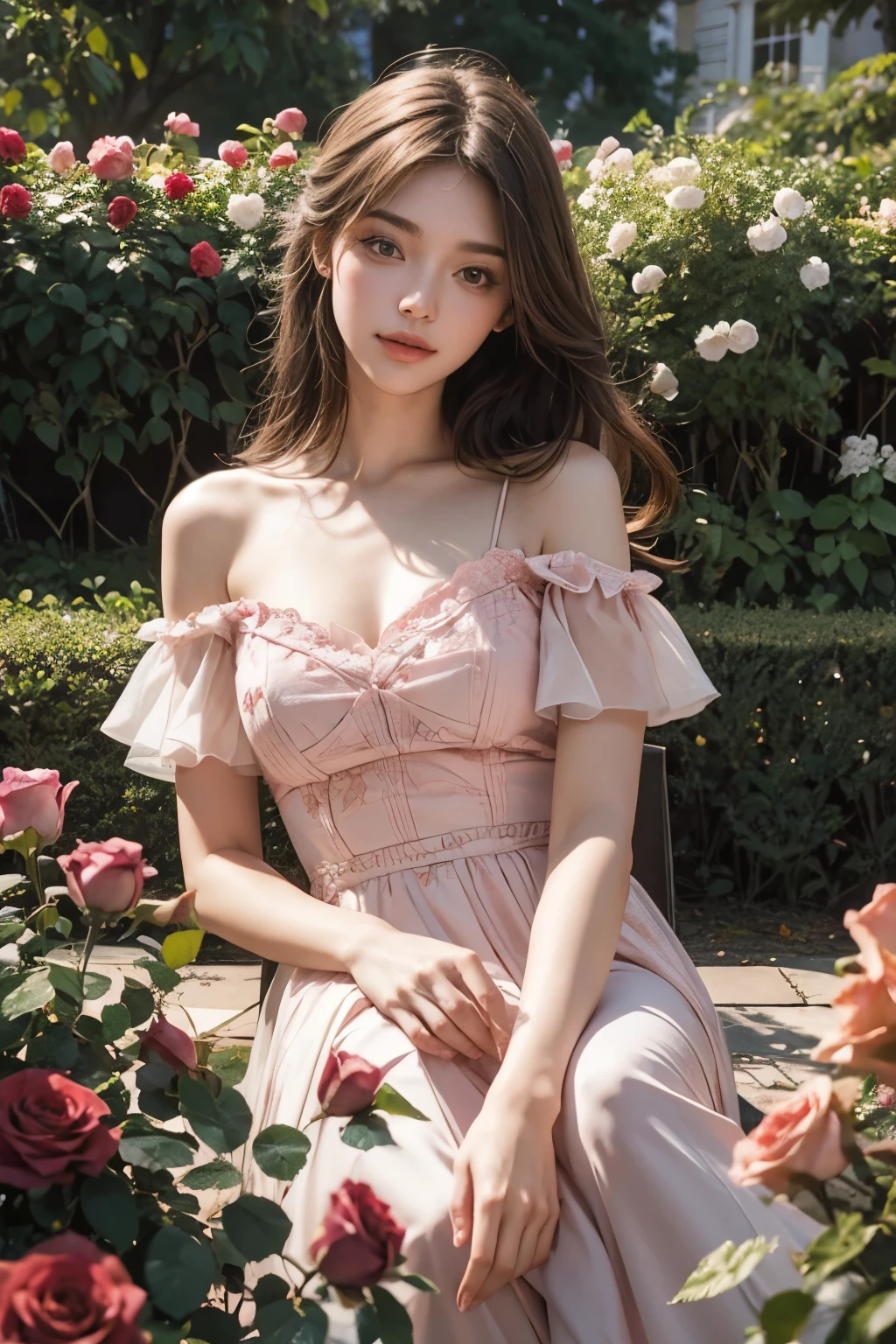 Masterpiece, Best quality, high resolution, realistic , hyperrealism , lifelike photography ,1950s, portrait position, alluring beautiful full body shot, (curly blondish brunette long hair, blue cat-shaped eyes), white skin with freckles, beautiful pink flower hat, beautiful period dress with flower embroidery and details , beautiful golden  necklaces & bracelets, elegant bearing, beautiful landscape background of a rose & lilac & orchid garden, high budget , beautiful mesmerizing face and small nose, long and curly sparkling hair , holding a beautiful orange stray cat , clivage , sunset , pink clouds , yellowish red rays at the horizon, elegant posing, beautiful legs, fit body, gorgeous Russian woman sitting on a park bench