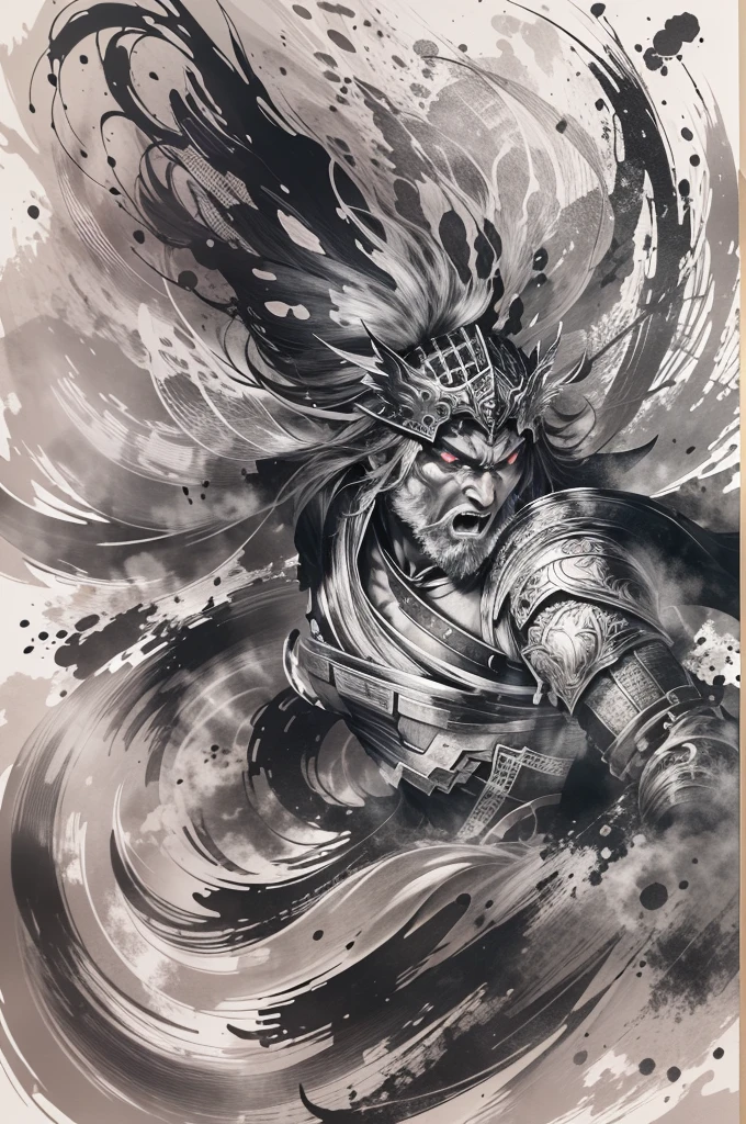 (black and white), (ink style art:1.3), (one human man)、warrior portrait、Face close-up、Proud tribal warrior heading into battle、Overflowing life energy、(black ink, ink dripping), (white background), vector style、Simple style, thick and bold brush strokes