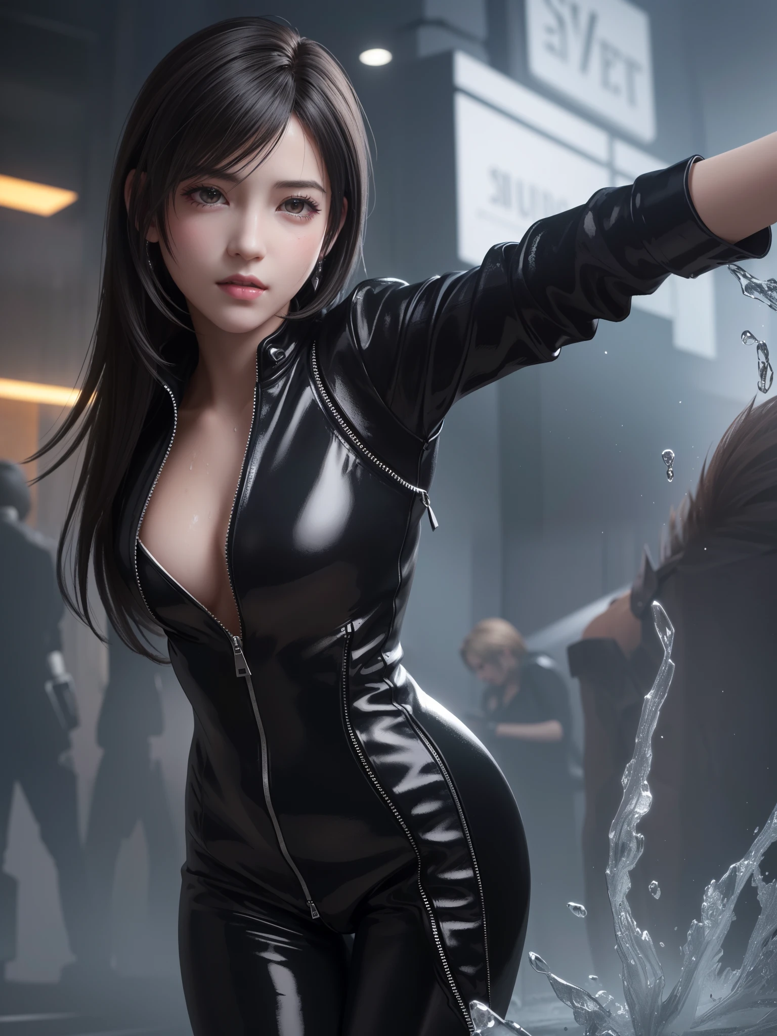 (Top Quality, Masterpiece: 1.1), (Realistic: 1.3), BREAK (((FF7,Tifa_lockhart))),(tifa_lockhart and monsters),(A dark, barely lit torture chamber:1.3,wet:1.2,night:1.1),(face focus:1.1), BREAK (((FF7,Tifa_lockhart))),(Light Brown Hair, Large breasts: 1.2),(black catsuit:1.3,silver zip,too zip down:1.8), BREAK (((FF7,Tifa_lockhart))),(shiny oiled skin: 1.1),(crowd of monster:1.3),(many monsters:1.2), ((stringy viscous liquid)),(no bra),(no panties),wet hair, about 18 years old,sensual, (sweat on body:1.3),(erotic pose:1.2),I want to make love to you