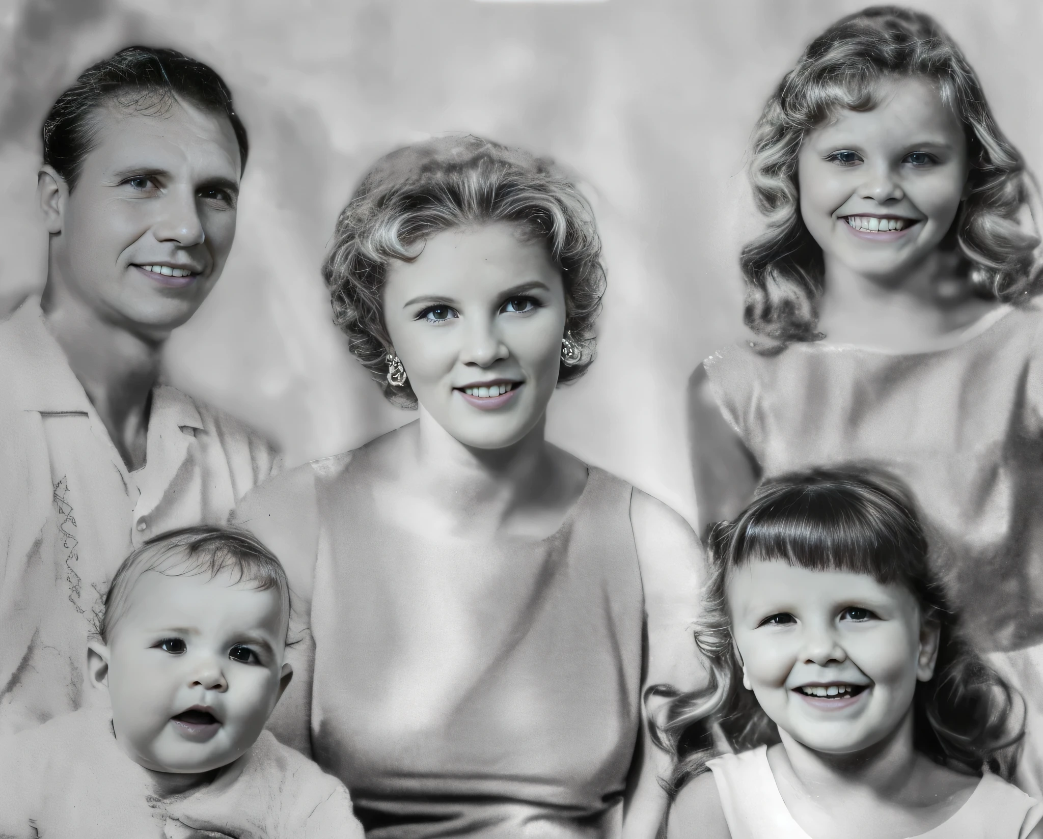 Black and white photograph of a family with a baby., 1950s family, retrato familiar, foto restaurada, photo illustration, portrait photography, classic portrait, foto de retrato, foto de familia, una vieja foto en blanco y negro, historical image, Retrato detallado, black and white old photograph, historic portrait, Foto 1960