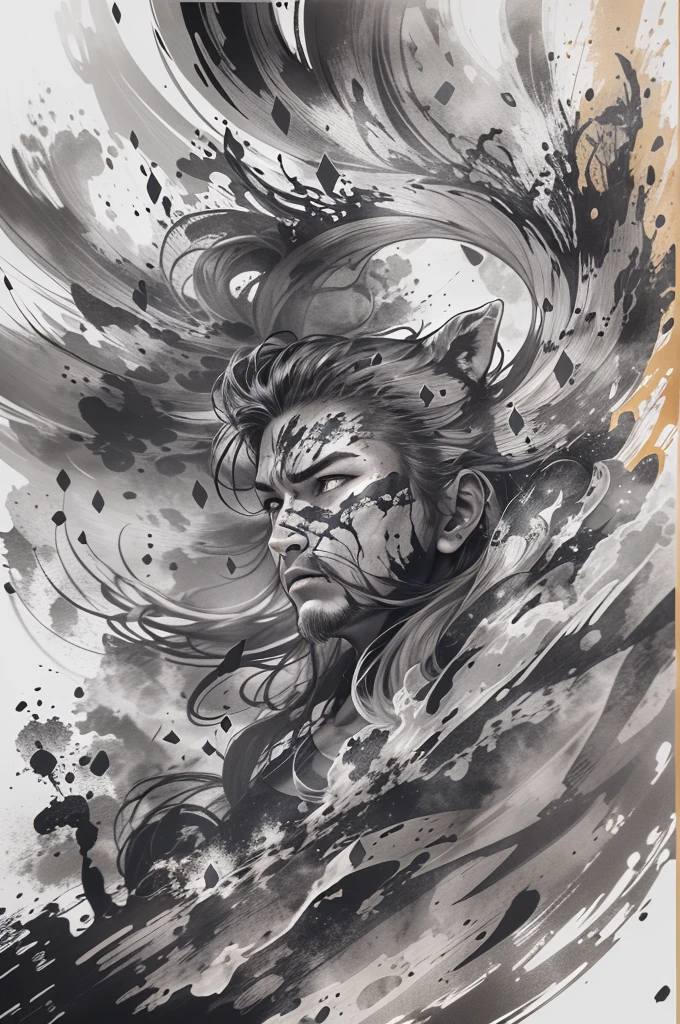 (black and white), (ink style art:1.3), (one human man)、warrior portrait、Face close-up、Proud tribal warrior heading into battle、Overflowing life energy、(black ink, ink dripping), (white background), vector style、Simple style, thick and bold brush strokes