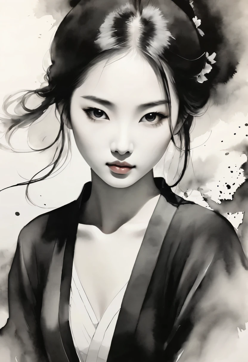 girl，black and white painting，Outline with black ink，smooth lines，通过墨迹的浓淡对比展现girl的表情和姿态，The background is simple，emphasize light, shadow and space，lots of white space，Use thick and light inks to create light and dark changes and layers，Choose the right ink color，Such as deep black、Thick gray、Light coffee, ETC，Express different situations and atmospheres，Control the gradient and transition of ink colors through the humidity and consistency of the ink，black and white tones， 中国传统ink painting, Chinese traditional art, ink painting, 中国ink painting, Chinese painting style