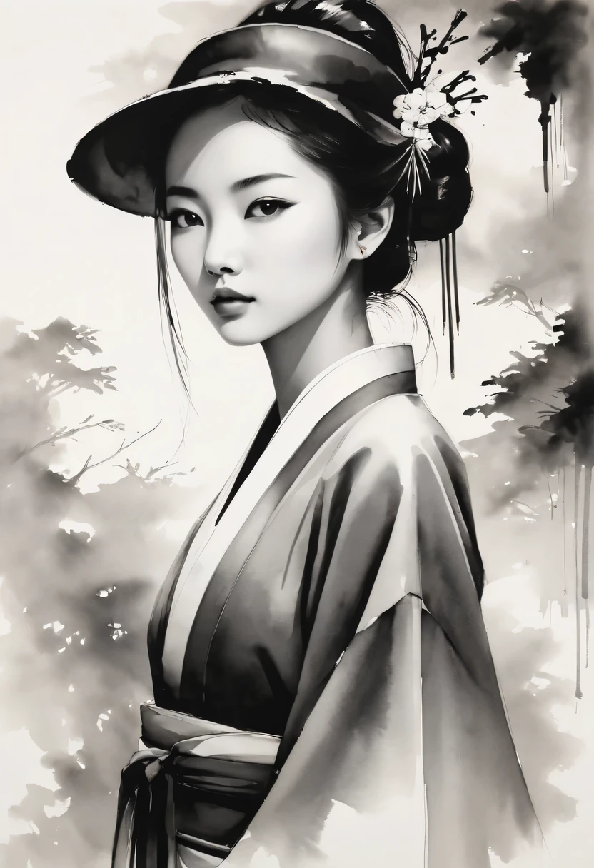 girl，black and white painting，Outline with black ink，smooth lines，通过墨迹的浓淡对比展现girl的表情和姿态，The background is simple，emphasize light, shadow and space，lots of white space，Use thick and light inks to create light and dark changes and layers，Choose the right ink color，Such as deep black、Thick gray、Light coffee, ETC，Express different situations and atmospheres，Control the gradient and transition of ink colors through the humidity and consistency of the ink，black and white tones， 中国传统ink painting, Chinese traditional art, ink painting, 中国ink painting, Chinese painting style