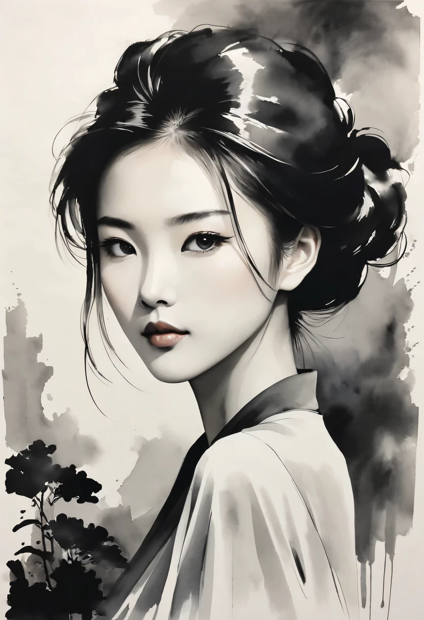 girl,black and white painting,Outline with black ink,smooth lines,通过墨迹的浓淡对比展现girl的表情和姿态,The background is simple,emphasize light, shadow and space,lots of white space,Use thick and light inks to create light and dark changes and layers,Choose the right ink color,Such as deep black、Thick gray、Light coffee, ETC,Express different situations and atmospheres,Control the gradient and transition of ink colors through the humidity and consistency of the ink,black and white tones, 中国传统ink painting, Chinese traditional art, ink painting, 中国ink painting, Chinese painting style