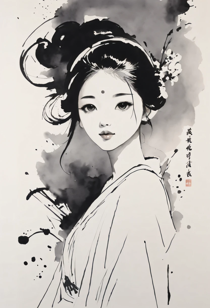 girl，black and white painting，Outline with black ink，smooth lines，通过墨迹的浓淡对比展现girl的表情和姿态，The background is simple，emphasize light, shadow and space，lots of white space，Use thick and light inks to create light and dark changes and layers，Choose the right ink color，Such as deep black、Thick gray、Light coffee, ETC，Express different situations and atmospheres，Control the gradient and transition of ink colors through the humidity and consistency of the ink，black and white tones， 中国传统ink painting, Chinese traditional art, ink painting, 中国ink painting, Chinese painting style