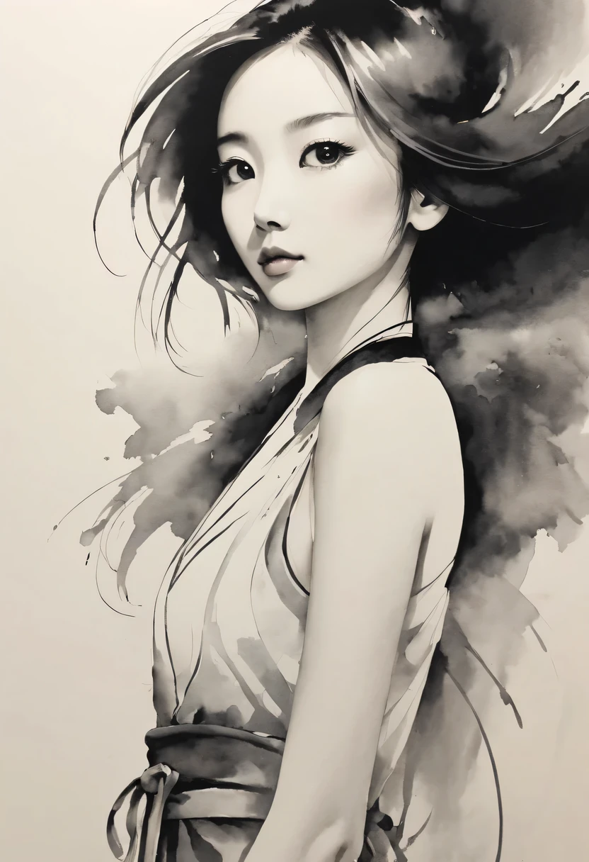 girl，black and white painting，Outline with black ink，smooth lines，通过墨迹的浓淡对比展现girl的表情和姿态，The background is simple，emphasize light, shadow and space，lots of white space，Use thick and light inks to create light and dark changes and layers，Choose the right ink color，Such as deep black、Thick gray、Light coffee, ETC，Express different situations and atmospheres，Control the gradient and transition of ink colors through the humidity and consistency of the ink，black and white tones， 中国传统ink painting, Chinese traditional art, ink painting, 中国ink painting, Chinese painting style