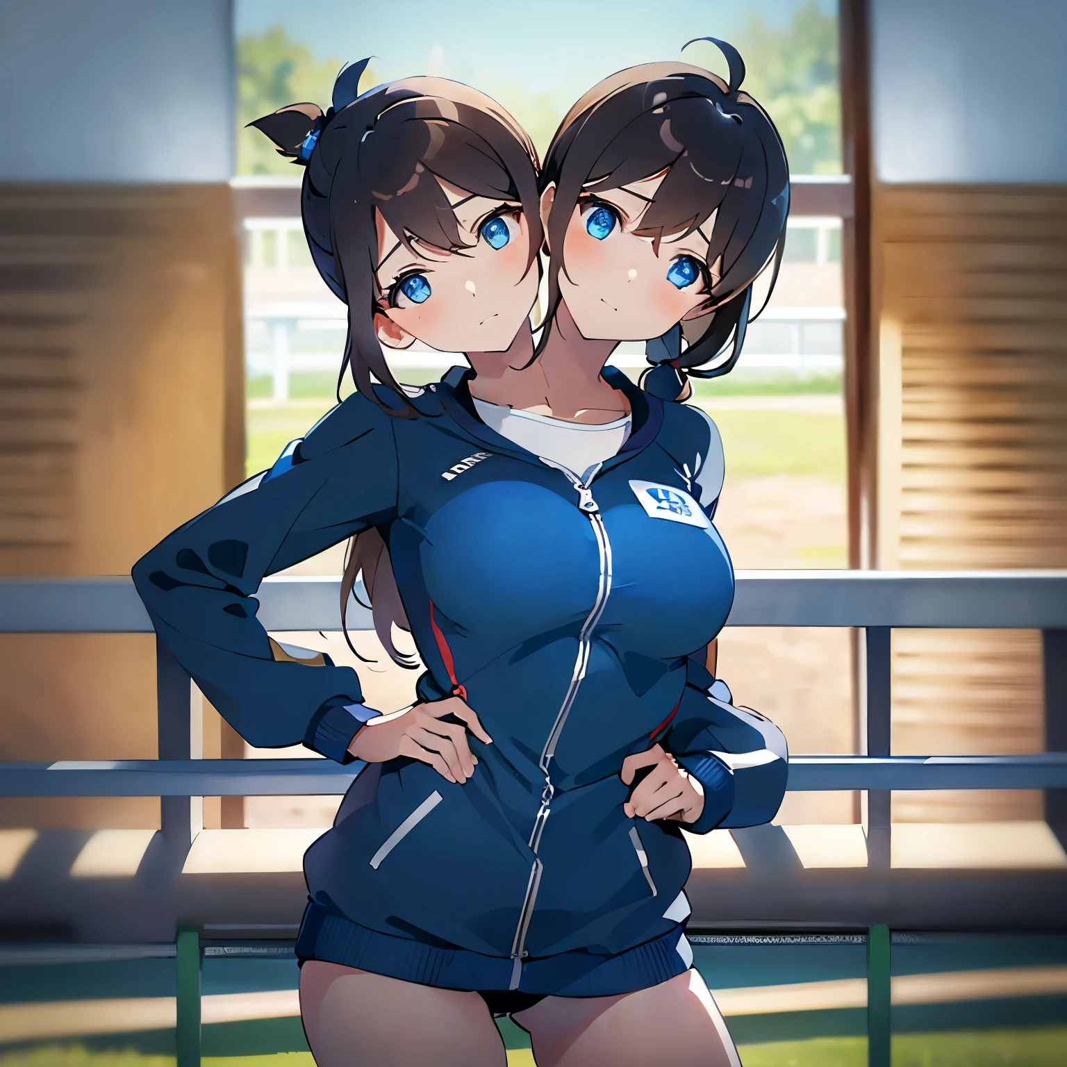 (masterpiece, best quality), best resolution, (2heads:1.4), (2heads:1.4), (head tilt:1.2), 1girl, short light ((two heads)), brown hair, hair between eyes, blue eyes, (side ponytail), Athletic suit, runner, athletes, in japanese park, race track, outside, ((sagisawa fumika)),